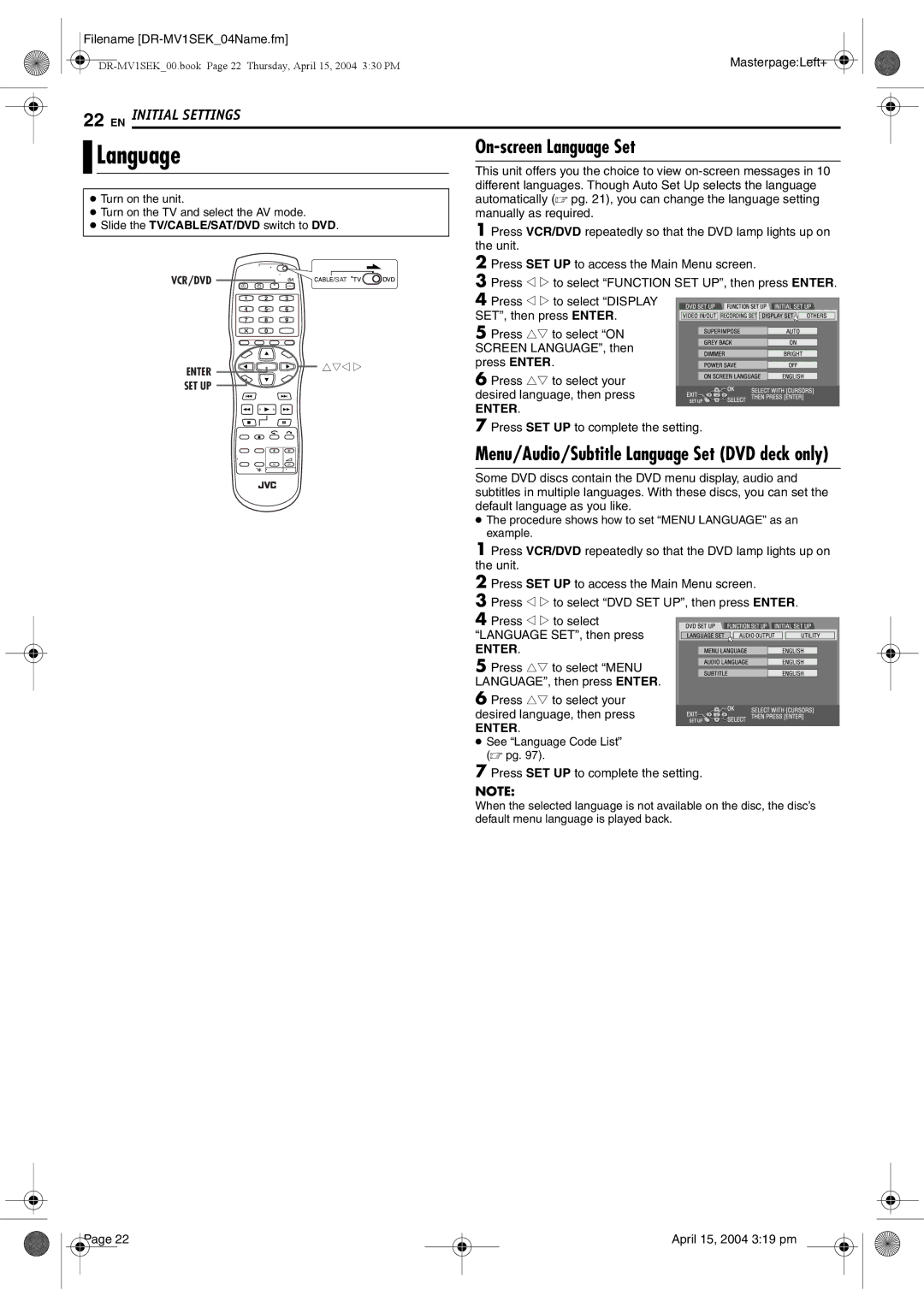 JVC DR-MV1B manual On-screen Language Set, Menu/Audio/Subtitle Language Set DVD deck only, Enter 