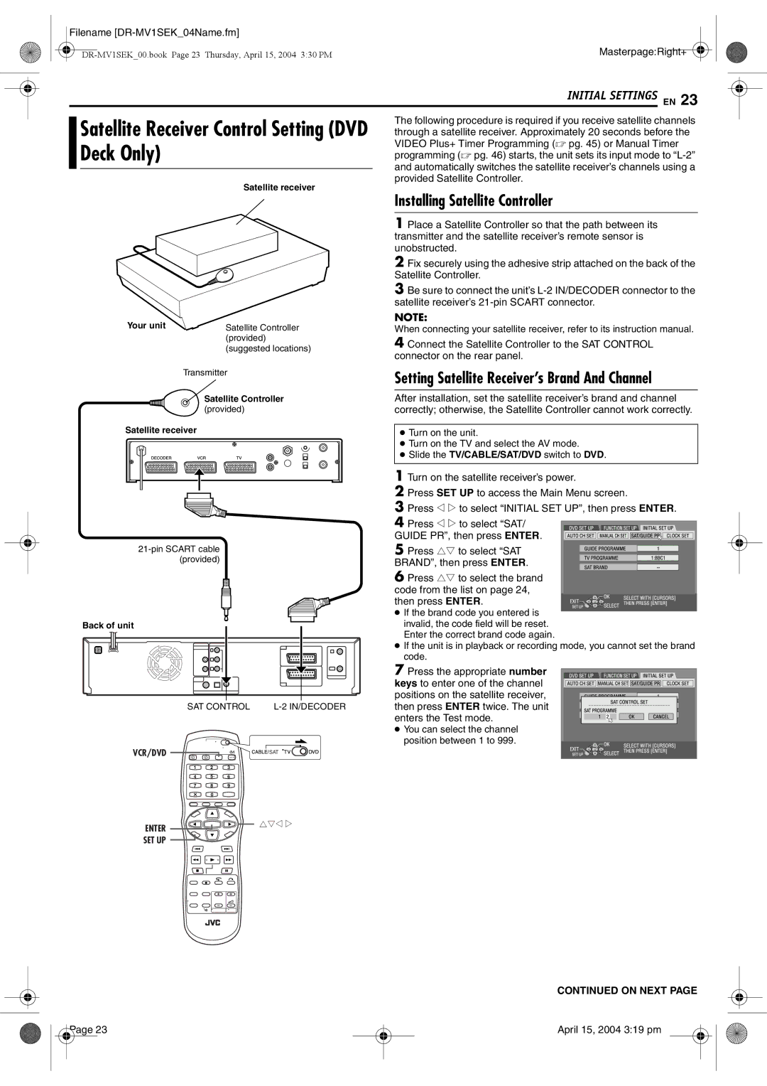 JVC DR-MV1B manual Deck Only, Satellite Receiver Control Setting DVD, Installing Satellite Controller, On Next 