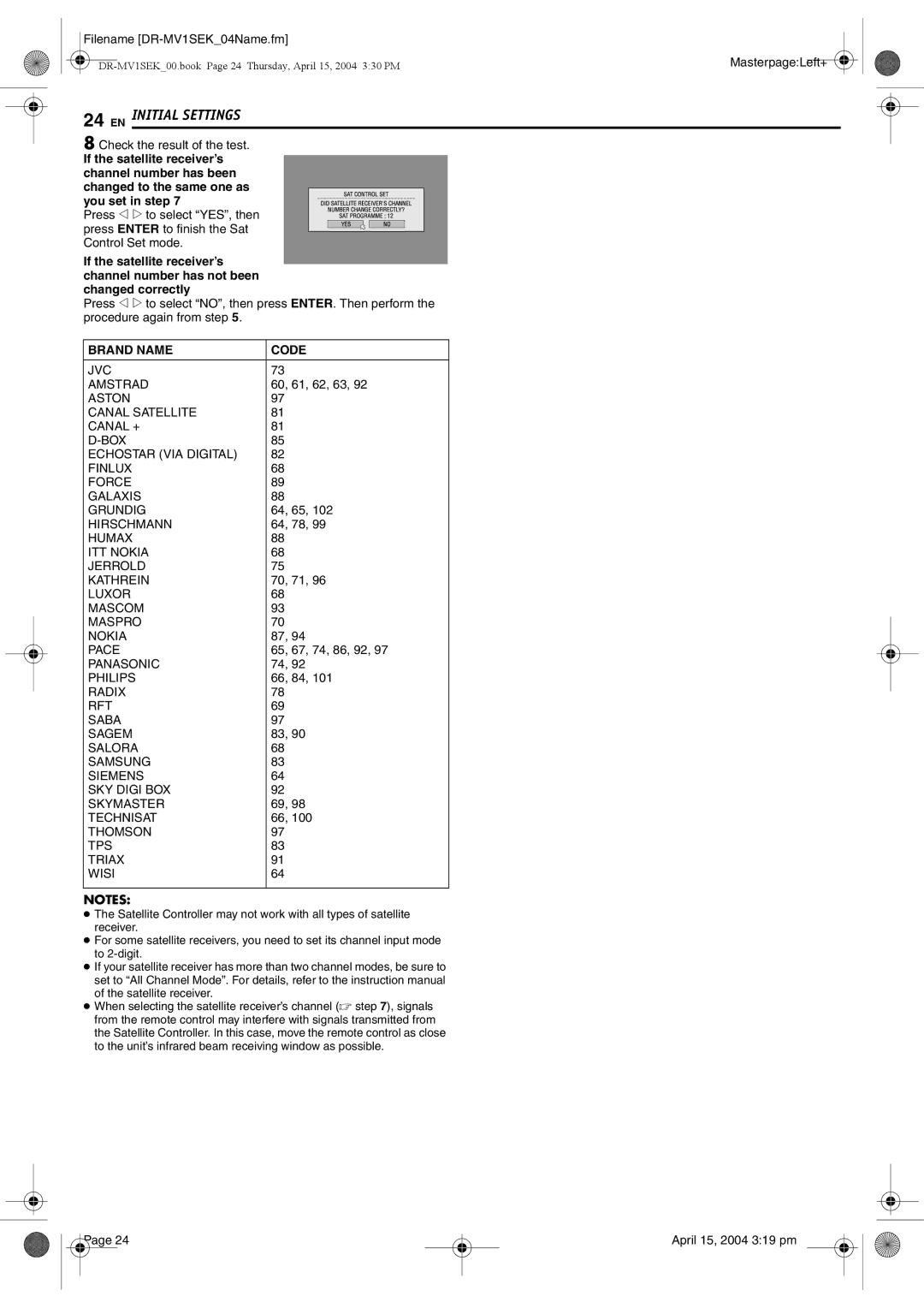 JVC DR-MV1B manual Brand Name Code 