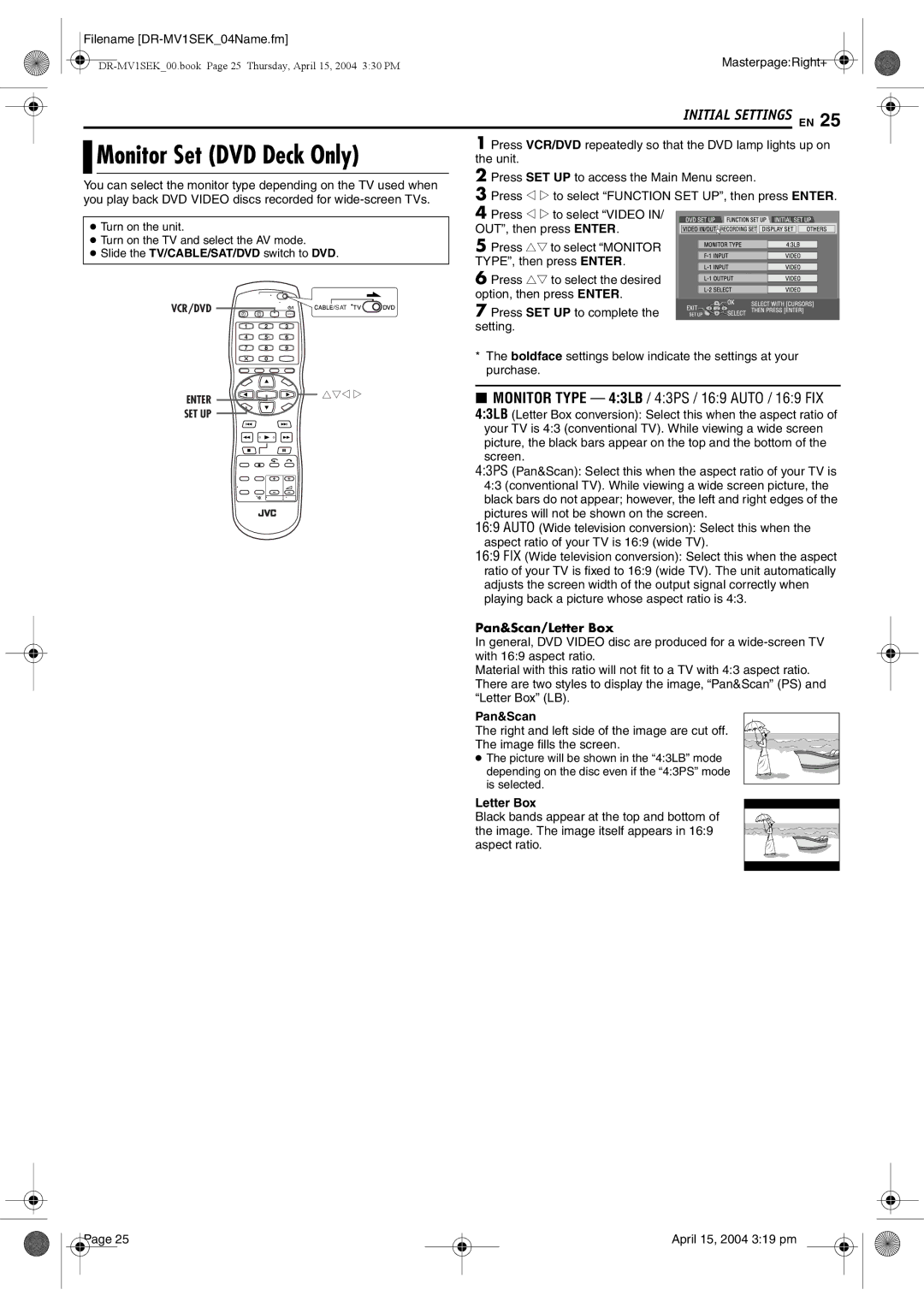 JVC DR-MV1B manual Monitor Set DVD Deck Only, Pan&Scan/Letter Box 