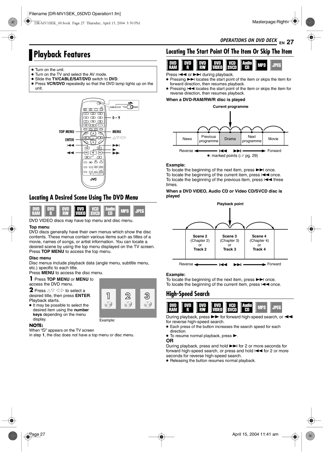 JVC DR-MV1B manual Playback Features, High-Speed Search 