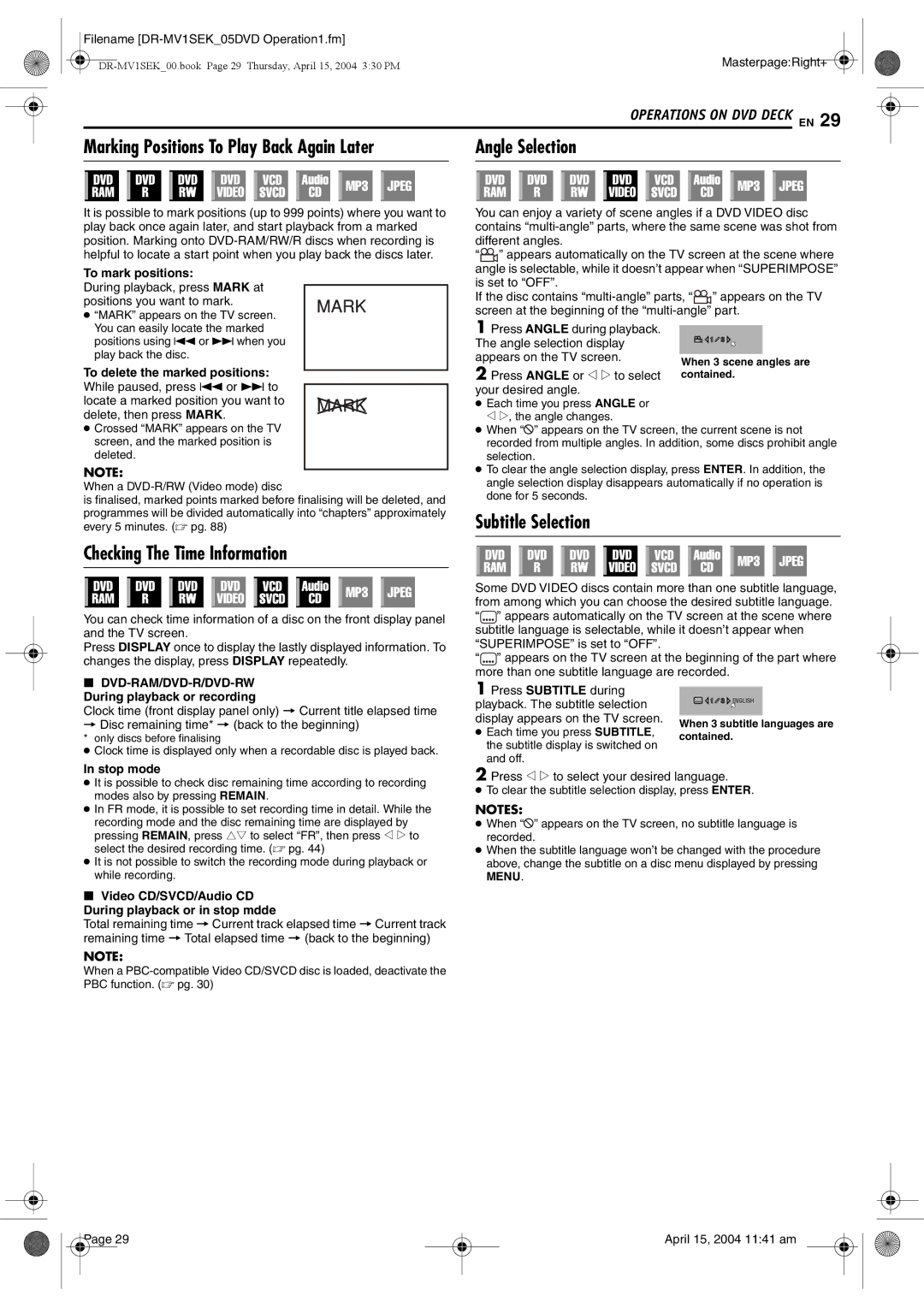 JVC DR-MV1B manual Angle Selection, Checking The Time Information, Subtitle Selection, To mark positions, Stop mode 