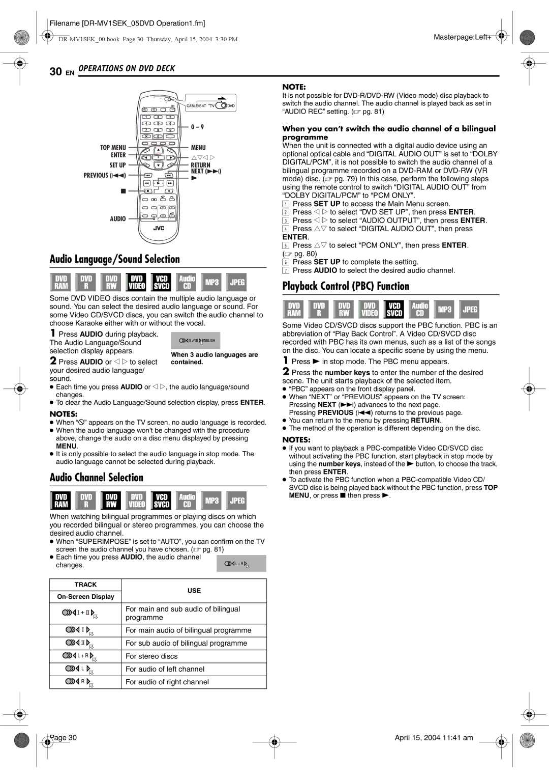 JVC DR-MV1B manual Audio Language/Sound Selection, Audio Channel Selection, Playback Control PBC Function 