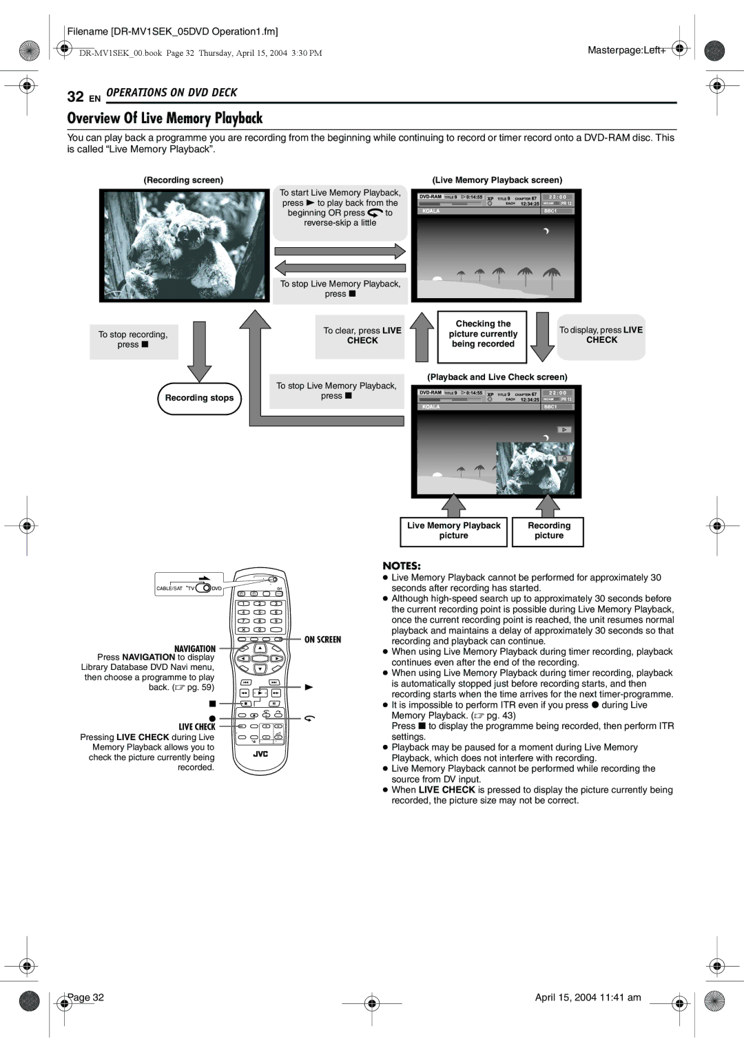 JVC DR-MV1B manual Overview Of Live Memory Playback, Recording screen 