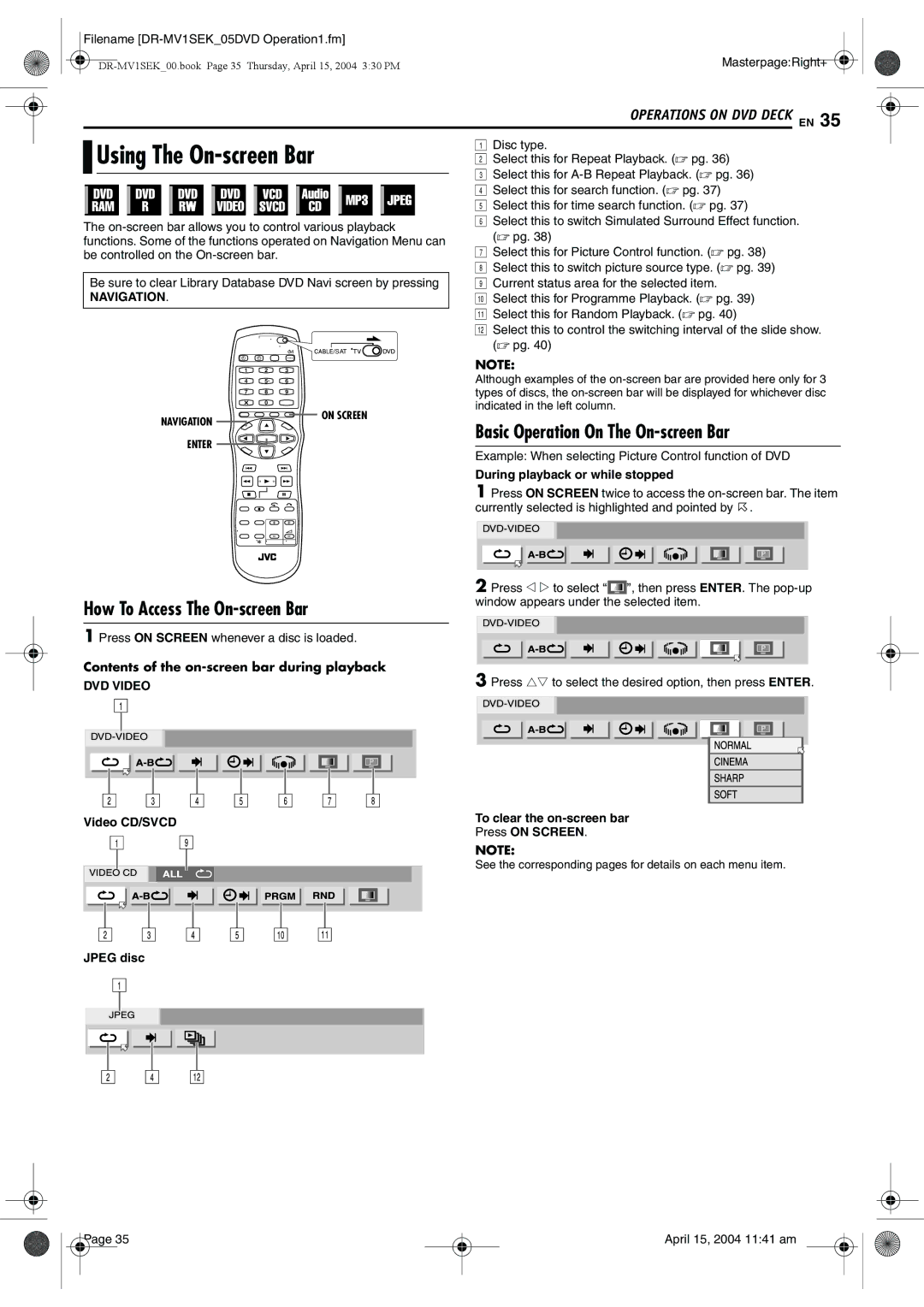 JVC DR-MV1B Using The On-screen Bar, How To Access The On-screen Bar, Basic Operation On The On-screen Bar, Navigation 