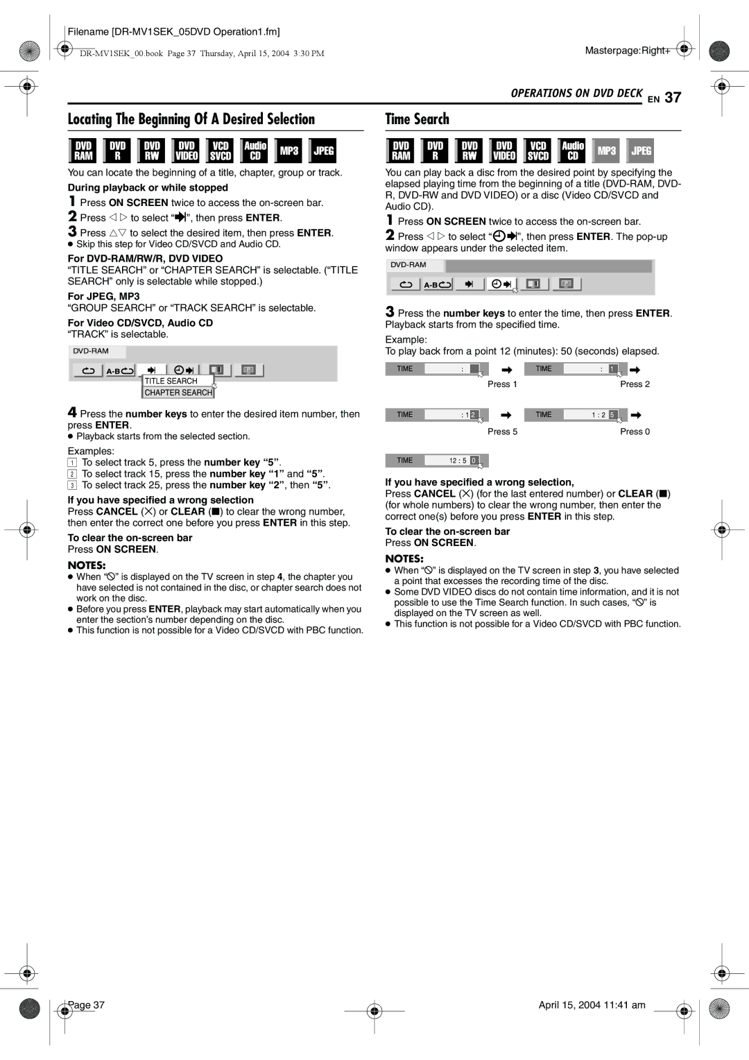 JVC DR-MV1B manual Time Search 