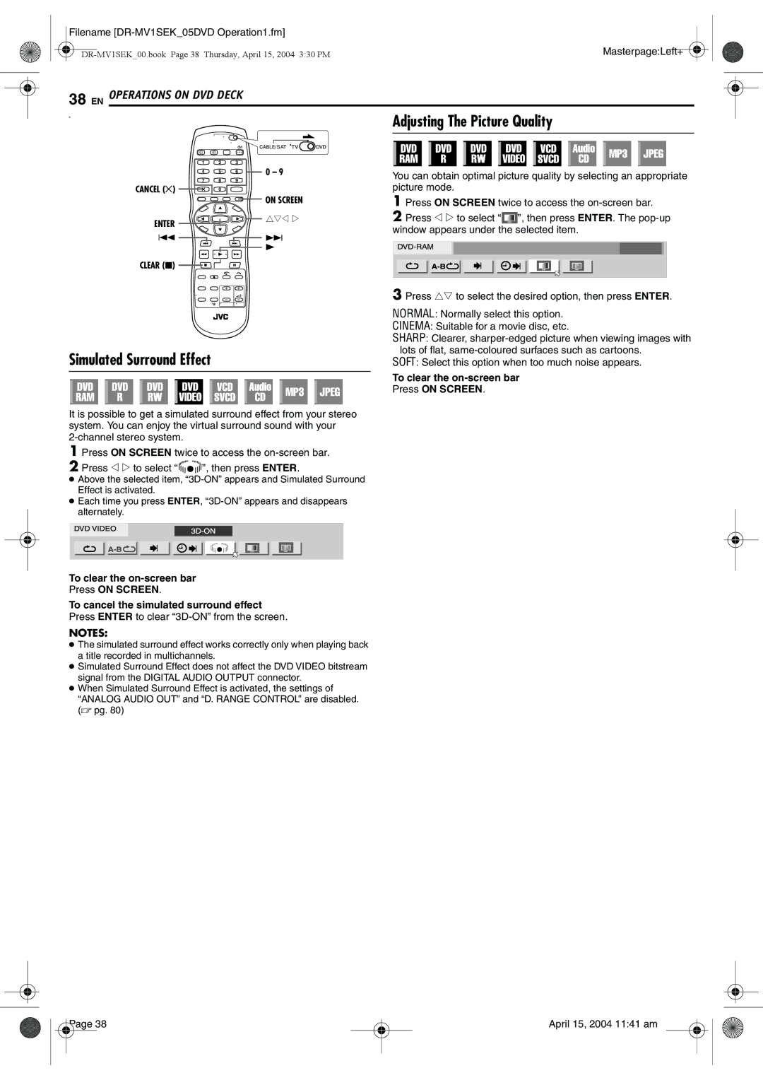 JVC DR-MV1B manual Adjusting The Picture Quality, Simulated Surround Effect, Press Enter to clear 3D-ON from the screen 