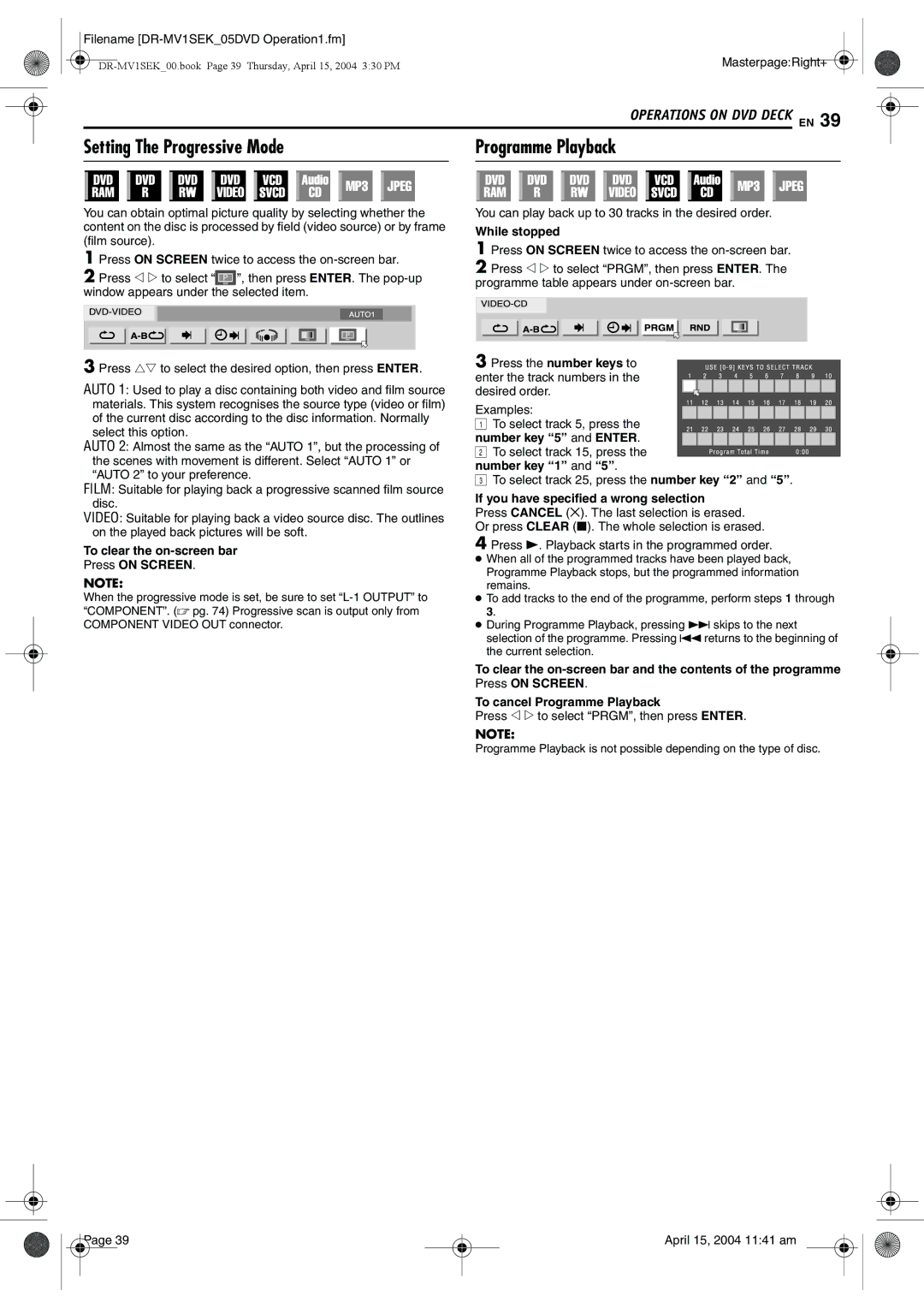 JVC DR-MV1B manual Setting The Progressive Mode Programme Playback, While stopped 