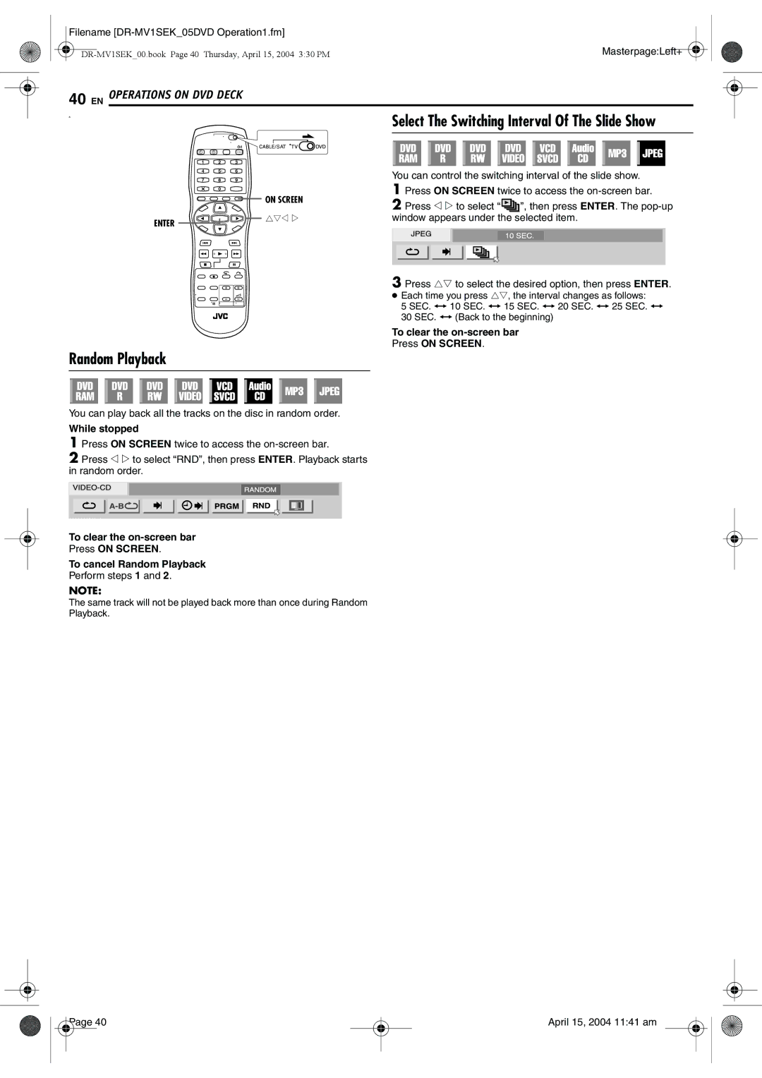 JVC DR-MV1B manual Select The Switching Interval Of The Slide Show, Random Playback, Perform steps 1 