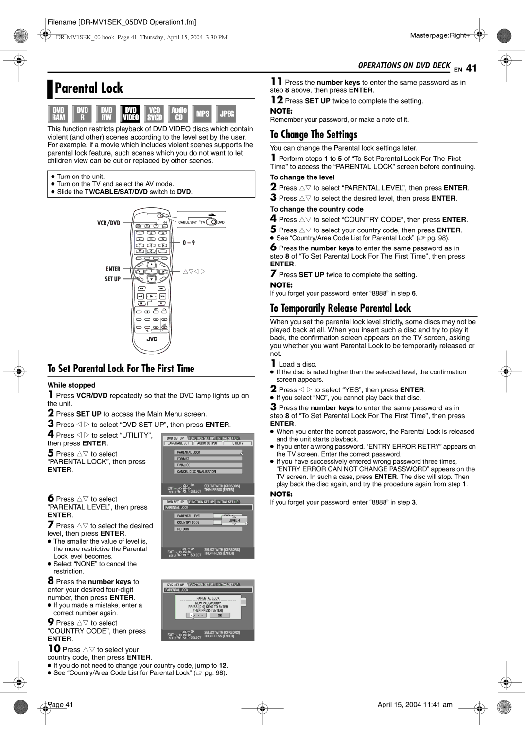 JVC DR-MV1B To Change The Settings, To Temporarily Release Parental Lock, To Set Parental Lock For The First Time 