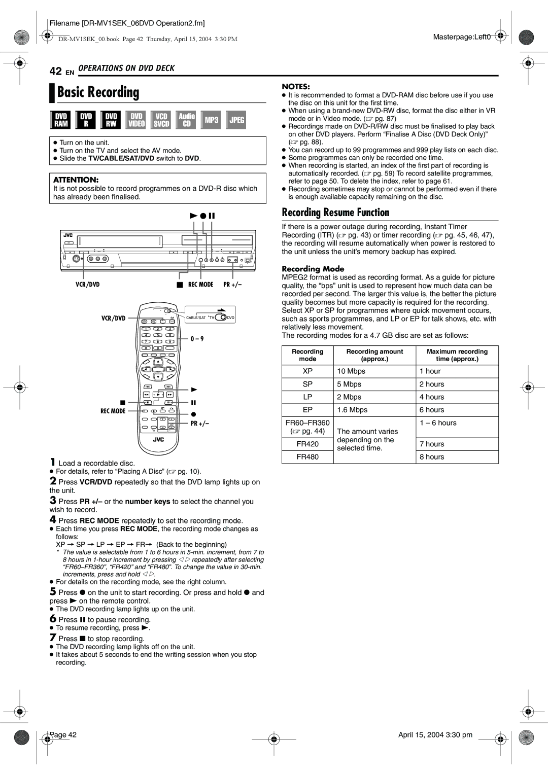 JVC DR-MV1B manual Basic Recording, Recording Resume Function, Recording Mode 