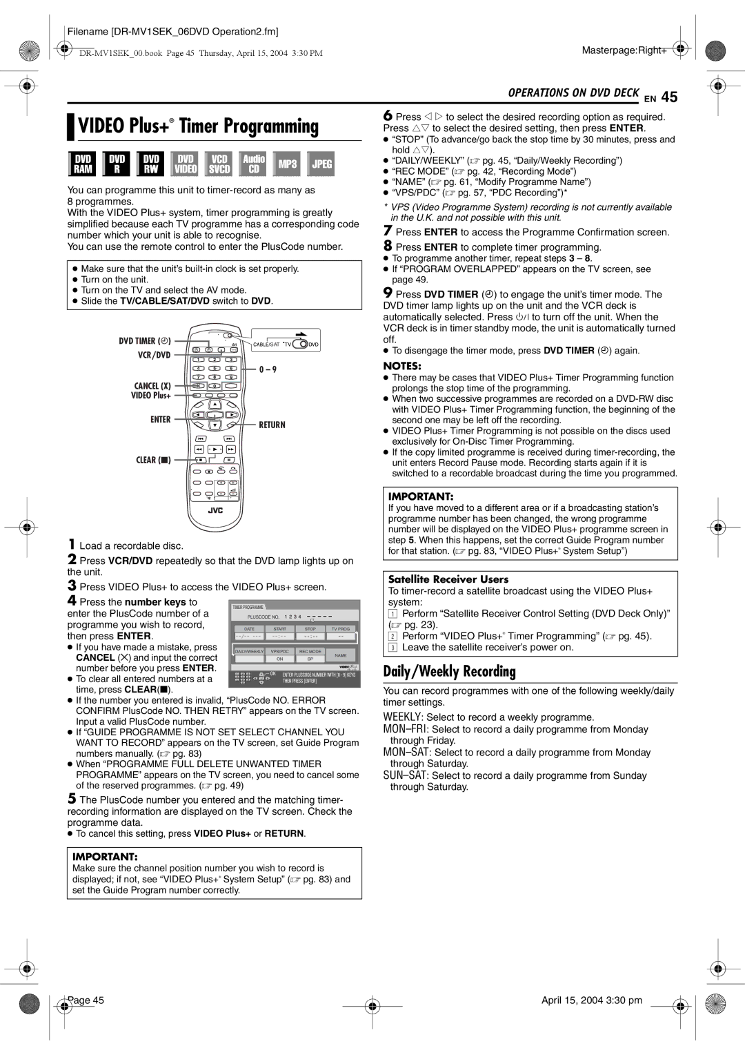 JVC DR-MV1B manual Timer Programming, Video Plus+, Daily/Weekly Recording, Satellite Receiver Users 