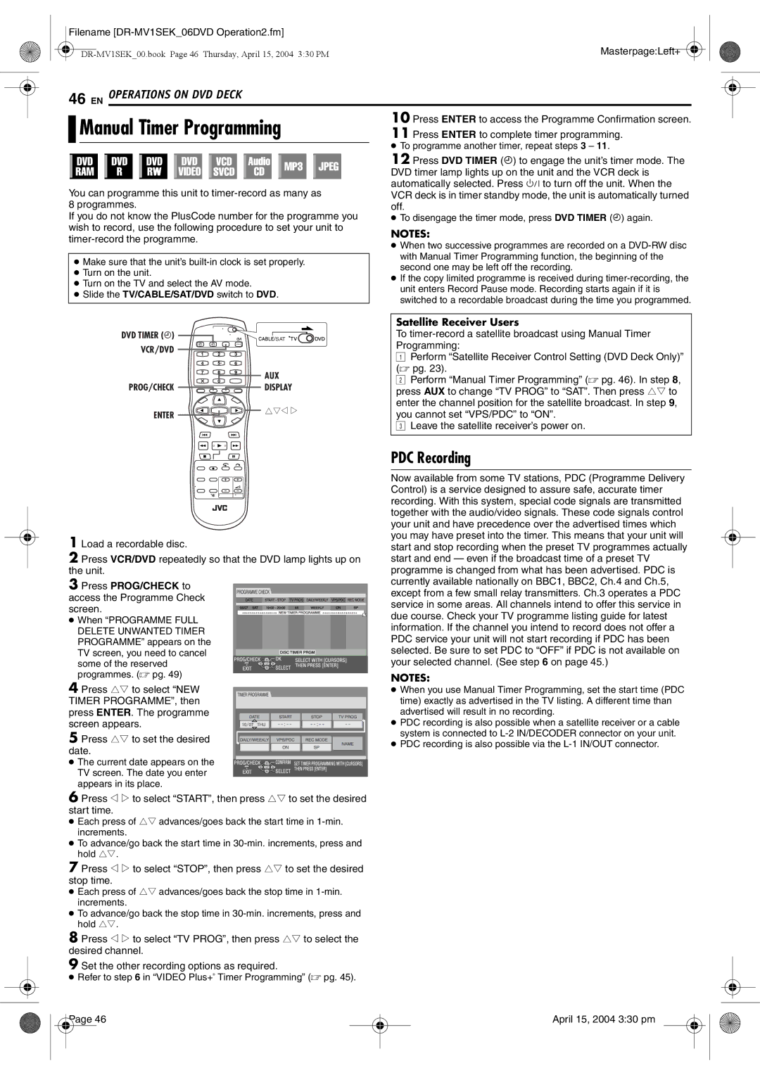 JVC DR-MV1B manual Manual Timer Programming, PDC Recording, Press PROG/CHECK to access the Programme Check screen 