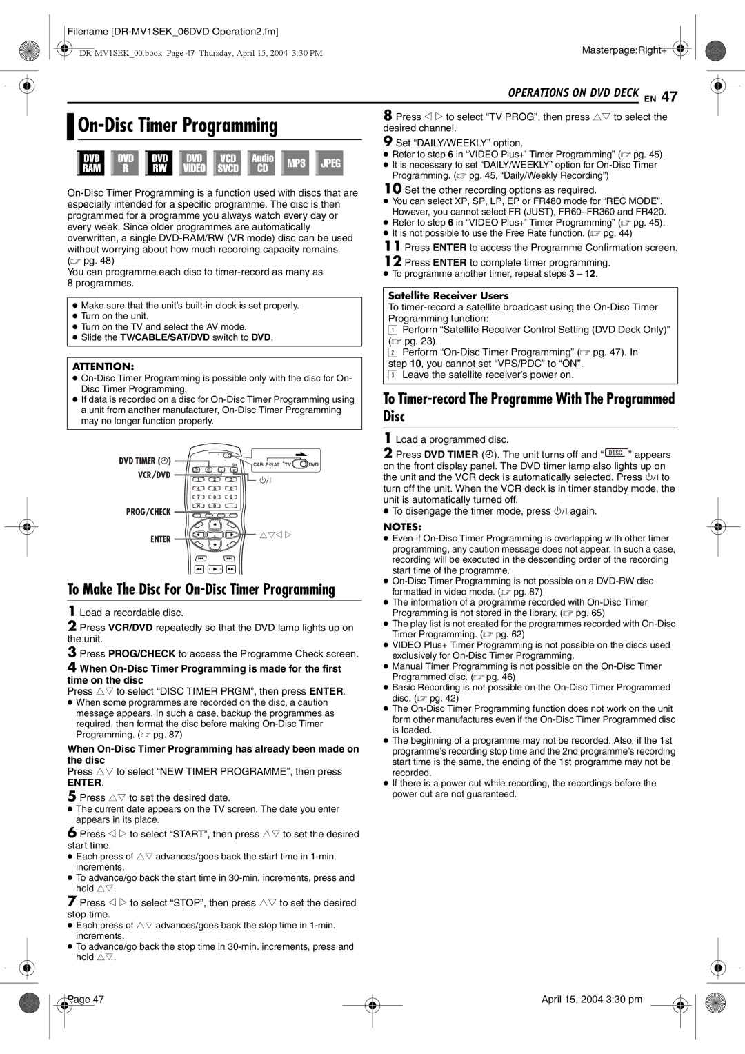 JVC DR-MV1B manual On-Disc Timer Programming, To Timer-record The Programme With The Programmed 