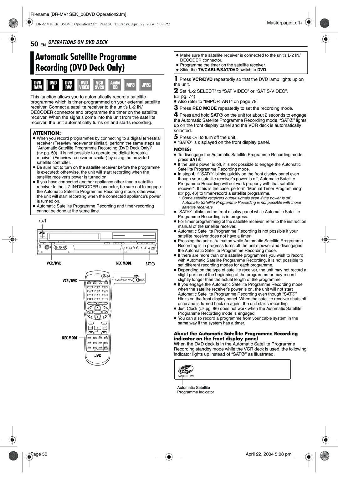 JVC DR-MV1B manual About the Automatic Satellite Programme Recording, Indicator on the front display panel 