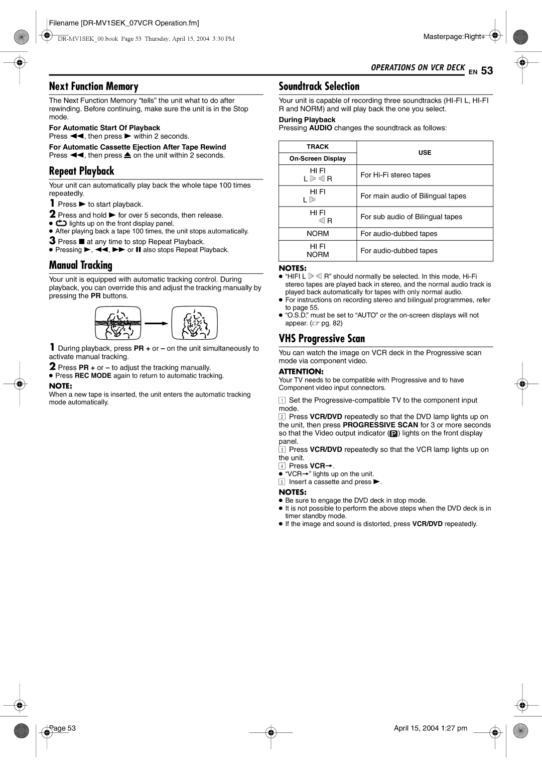 JVC DR-MV1B manual Next Function Memory, Manual Tracking, Soundtrack Selection, VHS Progressive Scan 