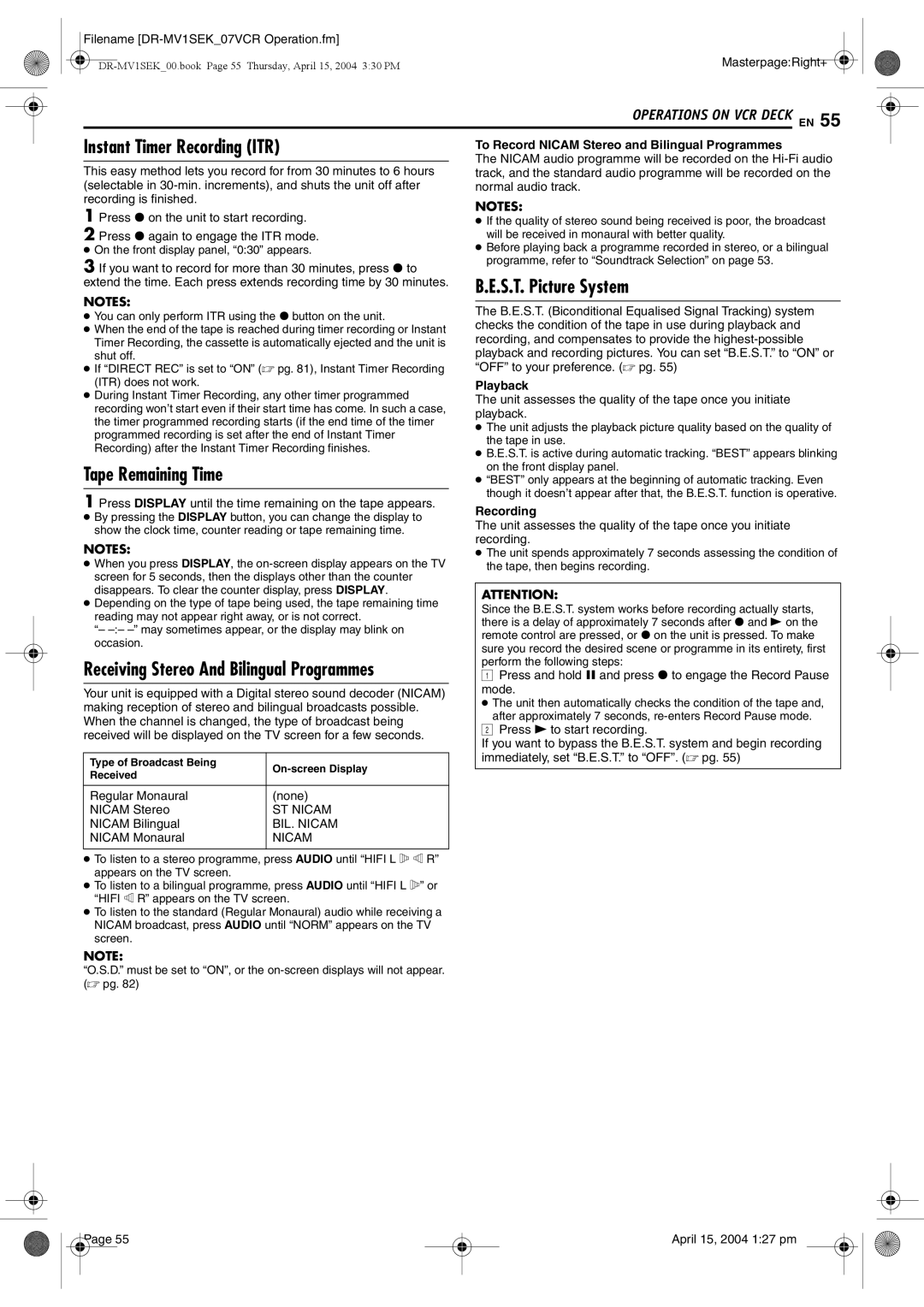 JVC DR-MV1B manual S.T. Picture System, To Record Nicam Stereo and Bilingual Programmes, Playback, Recording 