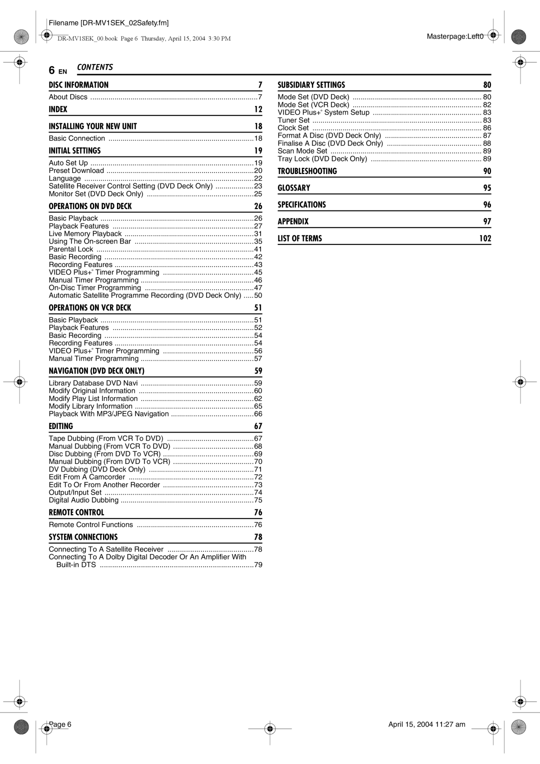 JVC DR-MV1B manual Contents 