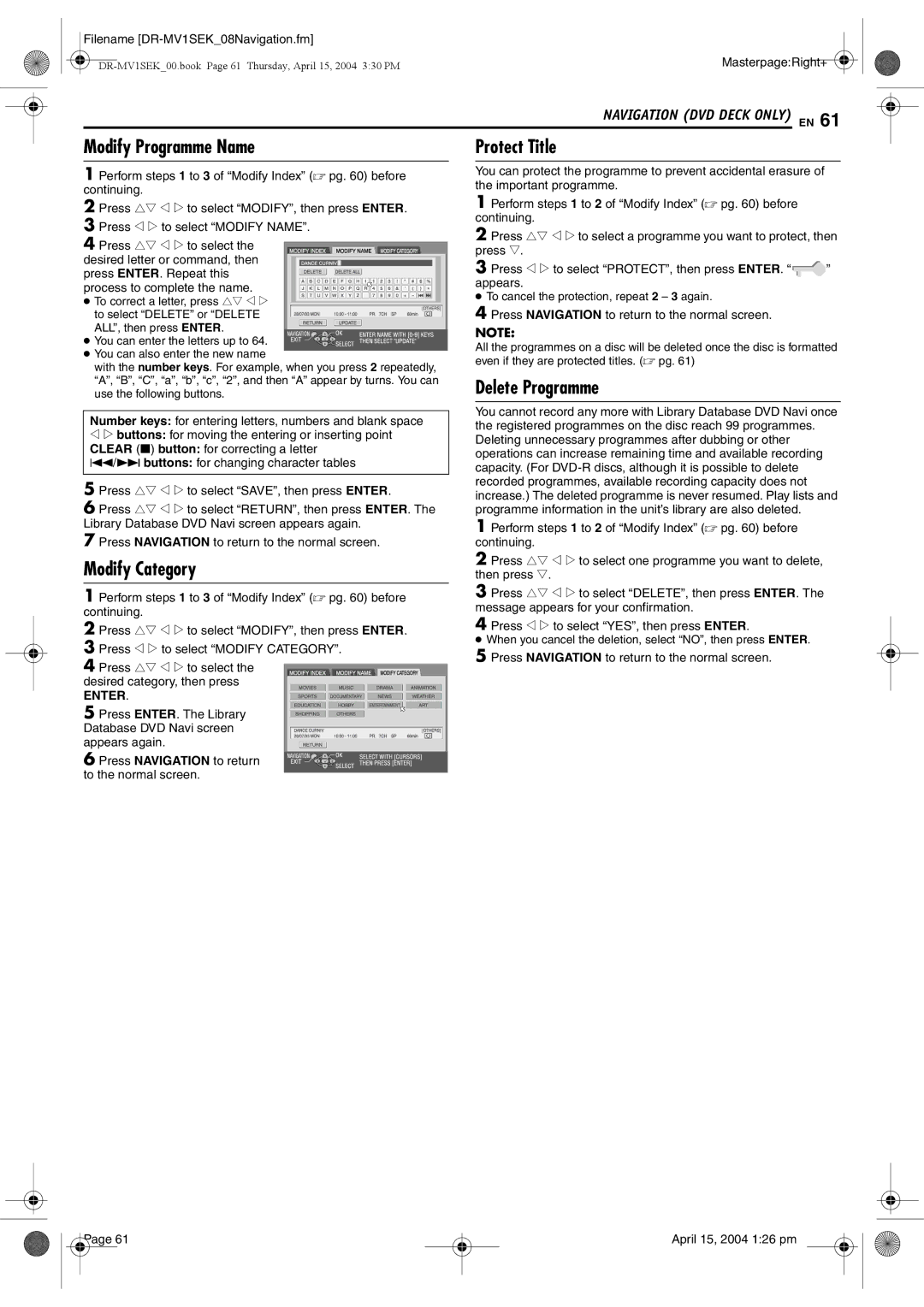 JVC DR-MV1B manual Modify Programme Name, Modify Category, Delete Programme, Protect Title 