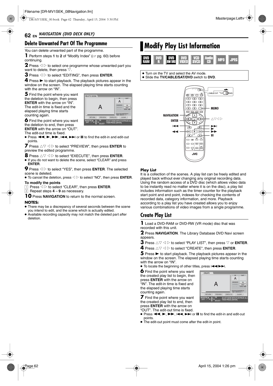 JVC DR-MV1B Modify Play List Information, Delete Unwanted Part Of The Programme, Create Play List, To modify the points 