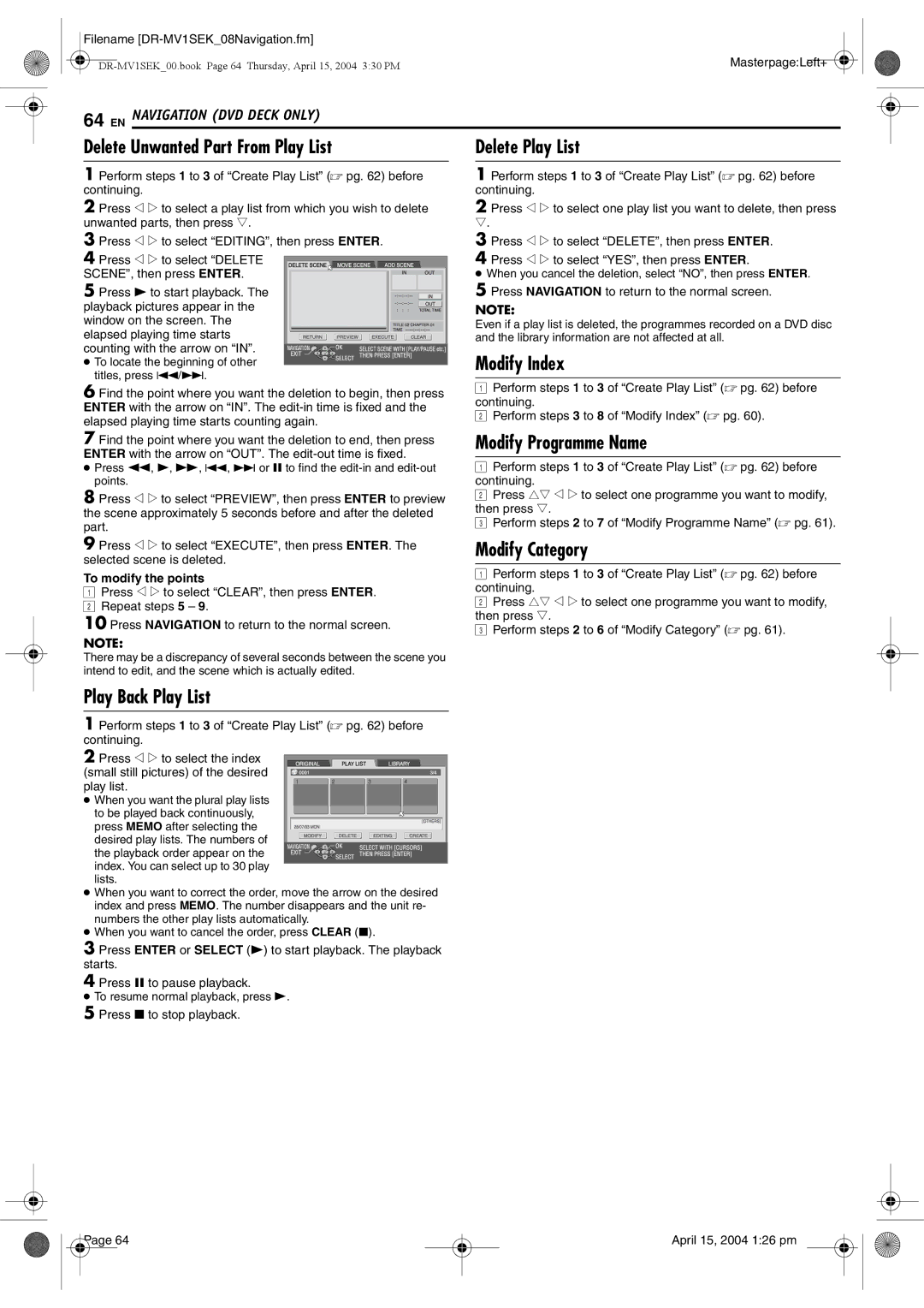 JVC DR-MV1B manual Delete Unwanted Part From Play List, Play Back Play List, Delete Play List 