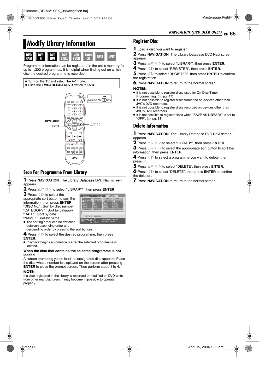 JVC DR-MV1B manual Modify Library Information, Scan For Programme From Library, Register Disc, Delete Information 