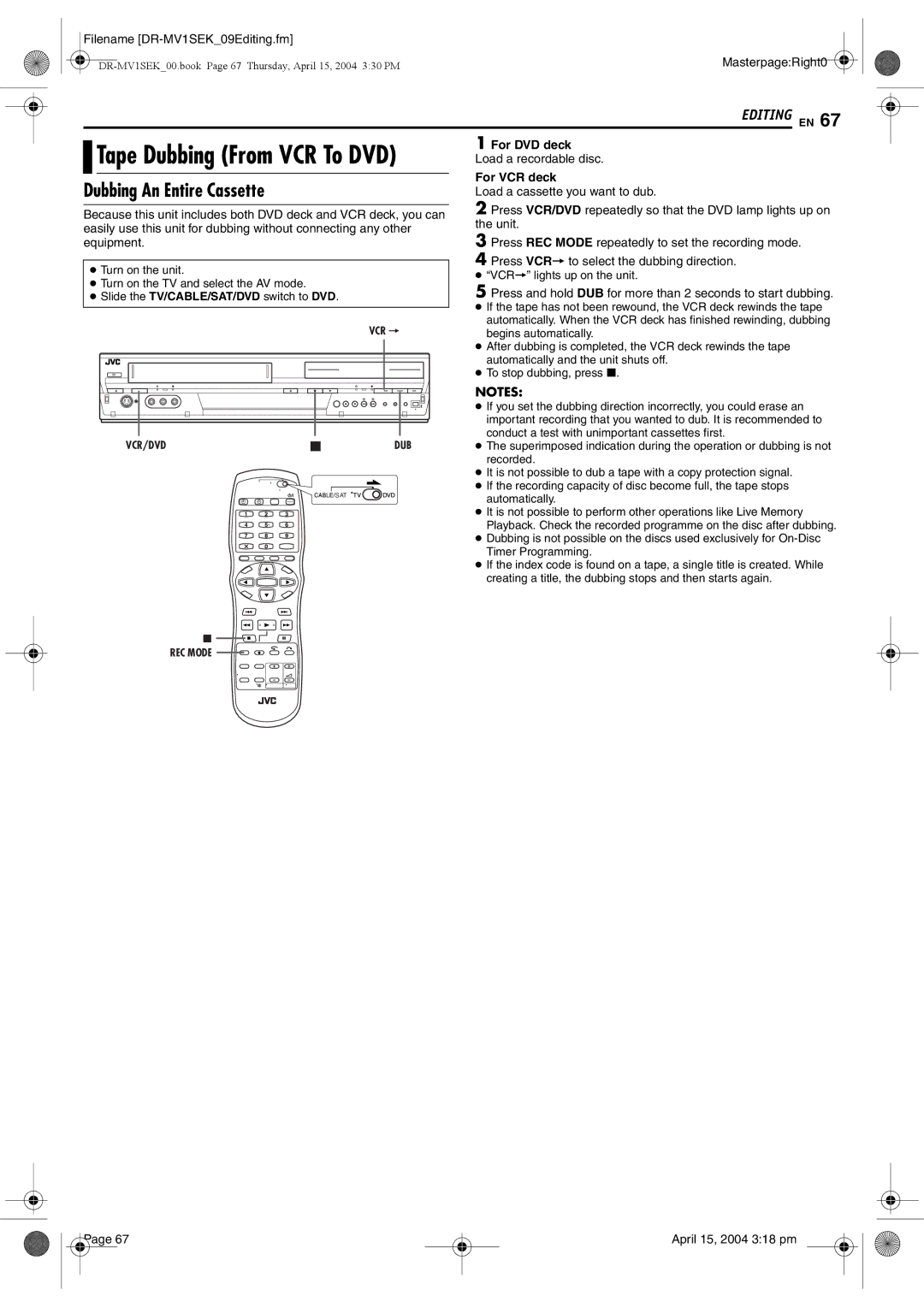 JVC DR-MV1B manual Dubbing An Entire Cassette, For DVD deck, For VCR deck 