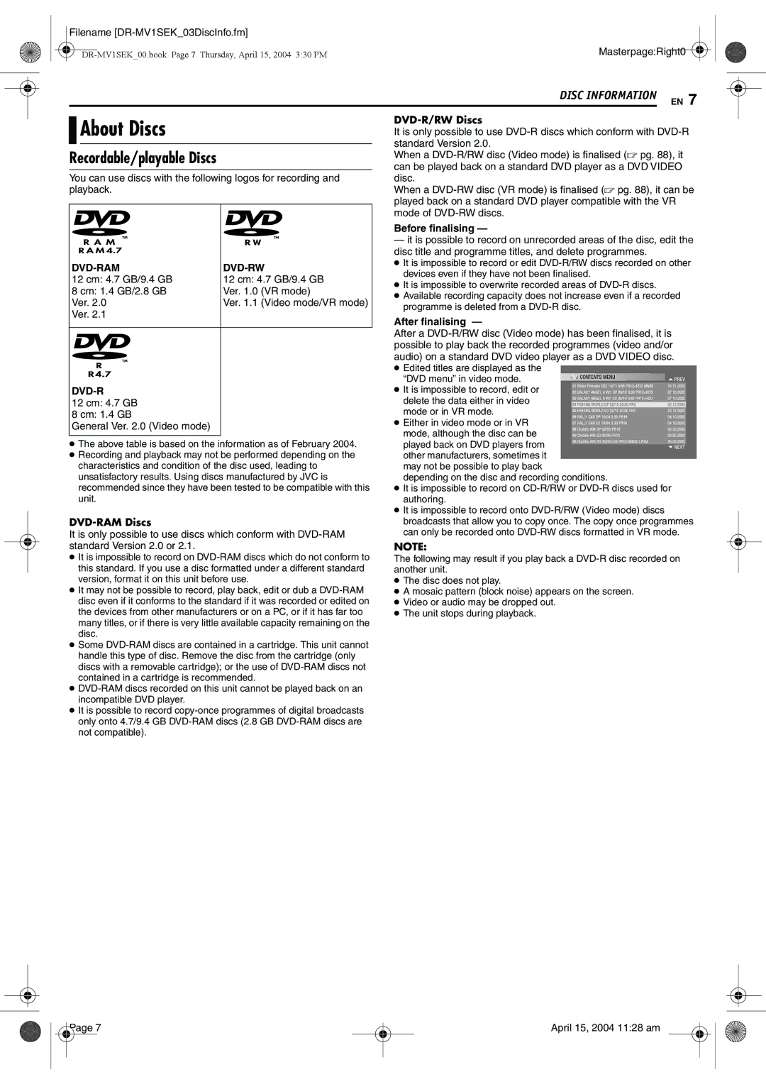 JVC DR-MV1B manual About Discs, Recordable/playable Discs, Dvd-Ram Dvd-Rw 