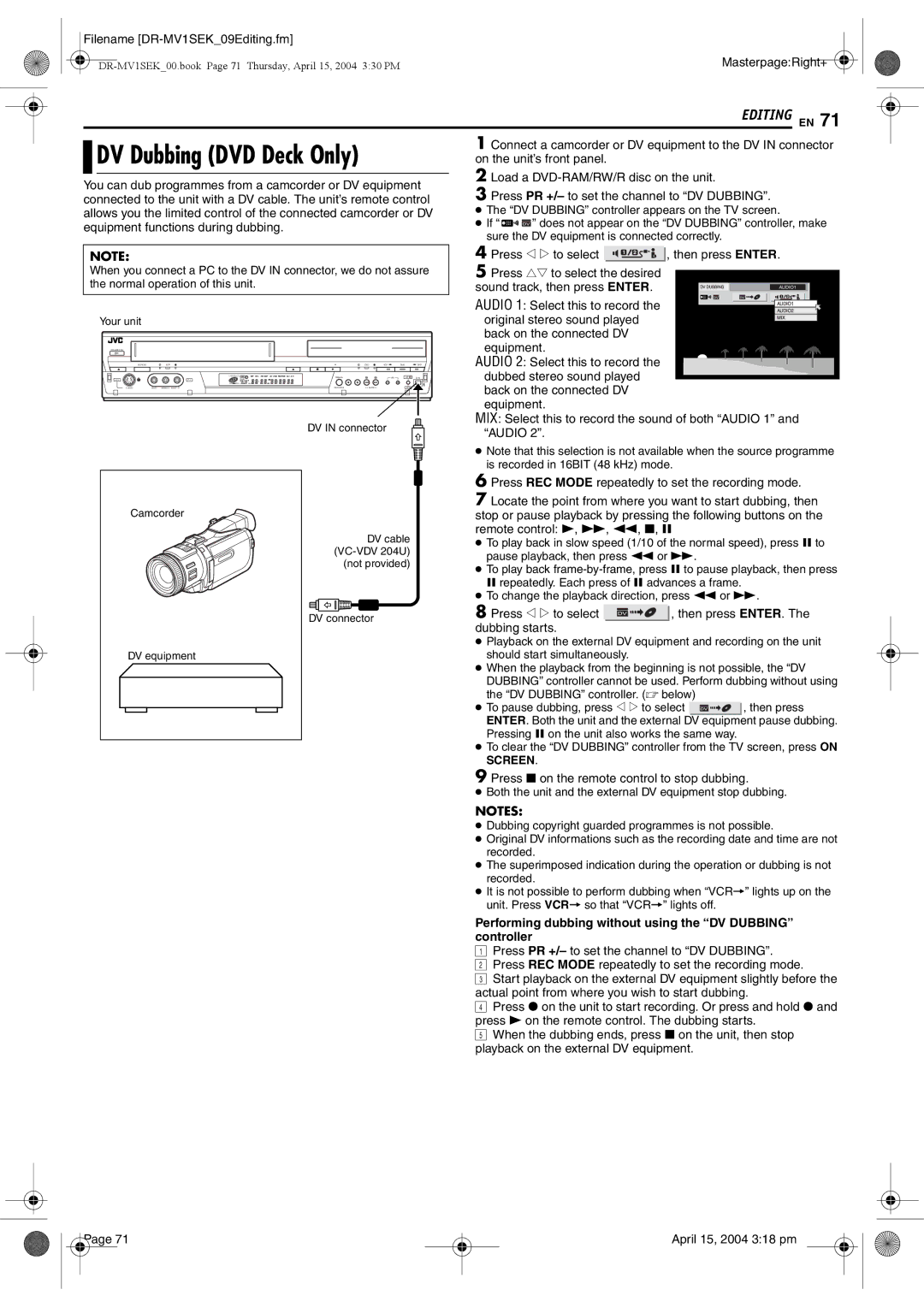 JVC DR-MV1B manual DV Dubbing DVD Deck Only, Performing dubbing without using the DV Dubbing controller 