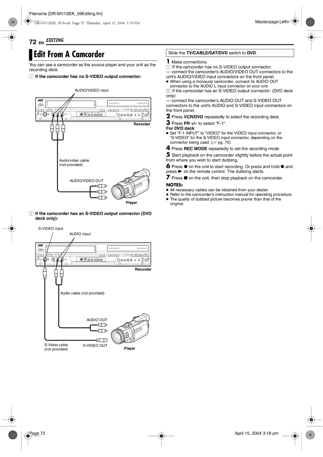 JVC DR-MV1B manual Edit From a Camcorder 