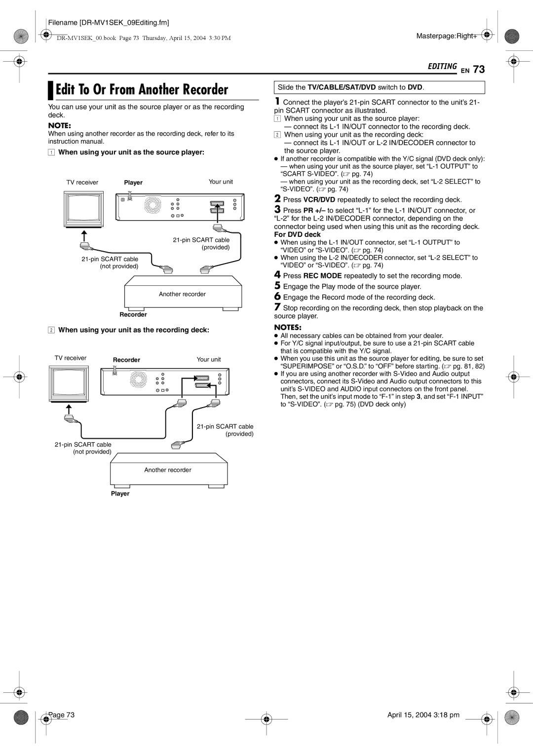 JVC DR-MV1B manual When using your unit as the source player 