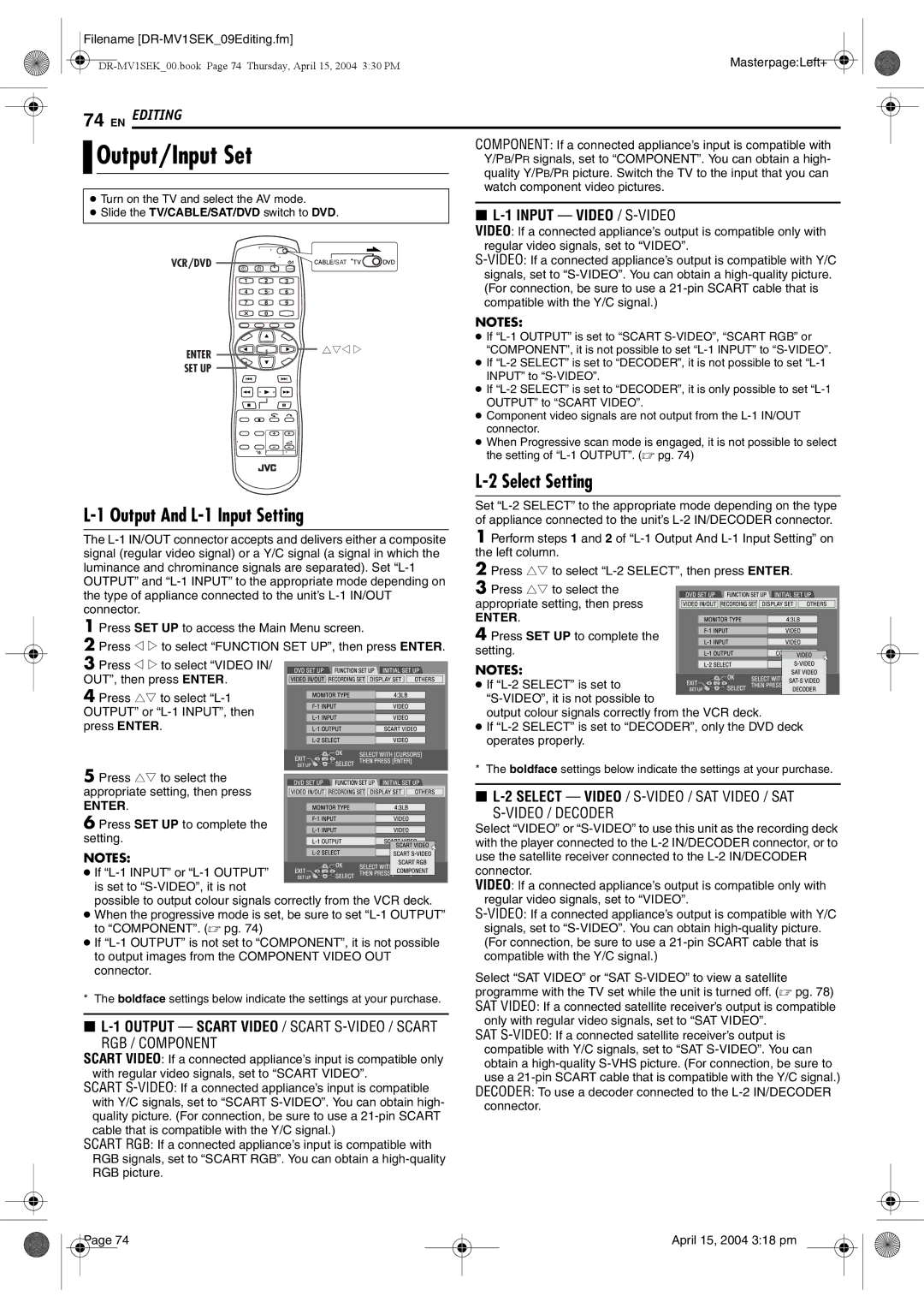 JVC DR-MV1B manual Output And L-1 Input Setting, Select Setting, Regular video signals, set to Video 