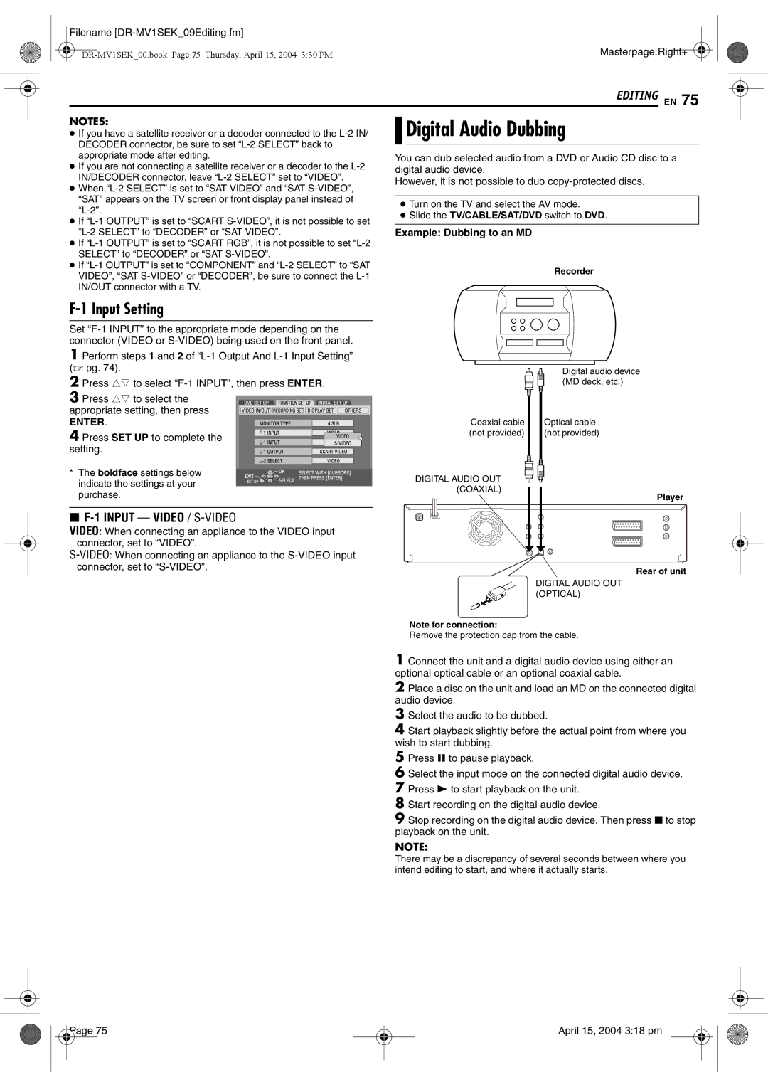 JVC DR-MV1B manual Digital Audio Dubbing, Input Setting, Example Dubbing to an MD 