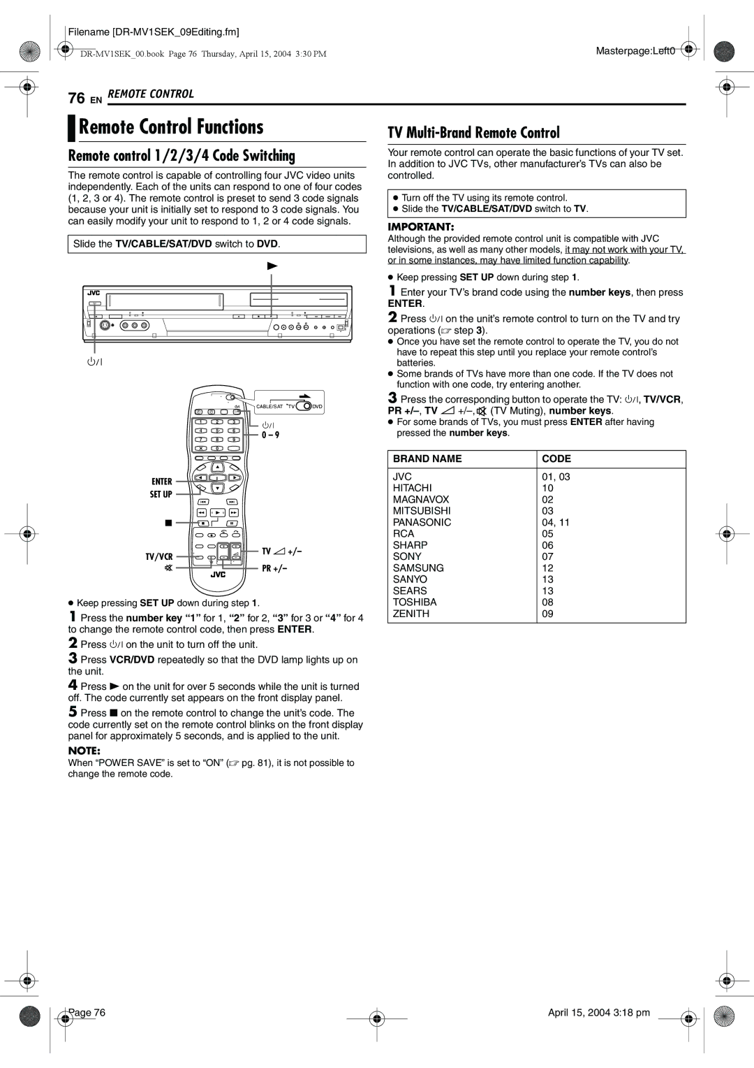 JVC DR-MV1B manual Remote Control Functions, TV Multi-Brand Remote Control, Remote control 1/2/3/4 Code Switching 