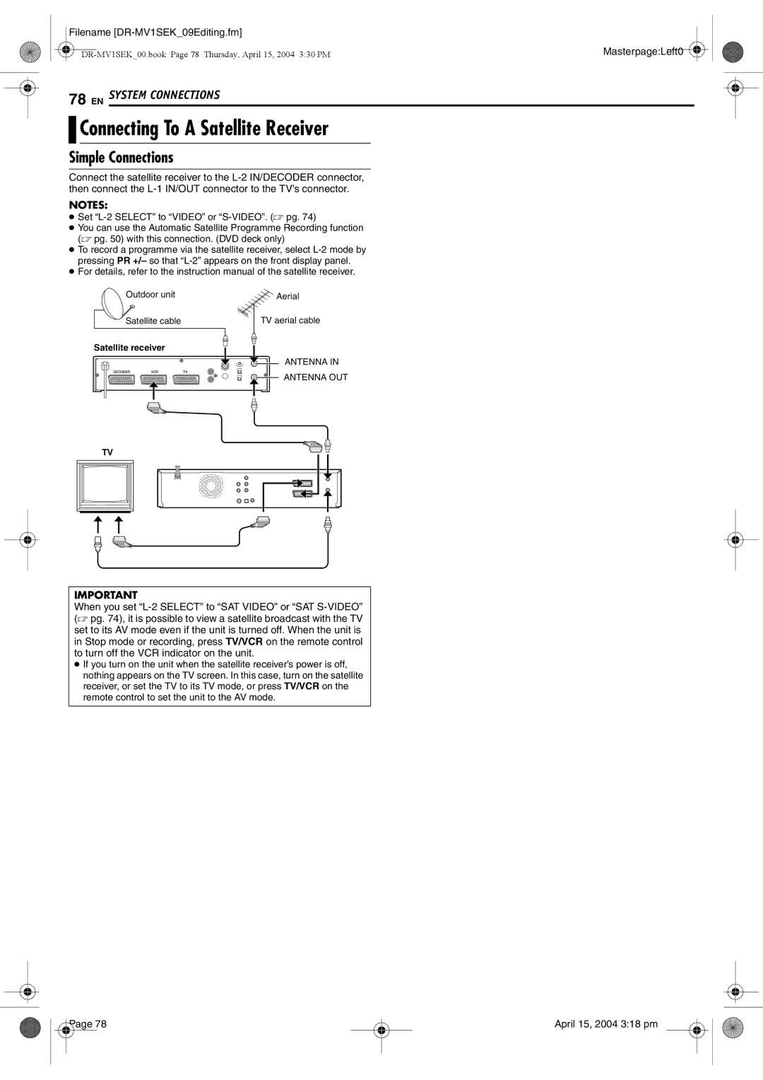 JVC DR-MV1B manual Connecting To a Satellite Receiver, Simple Connections 