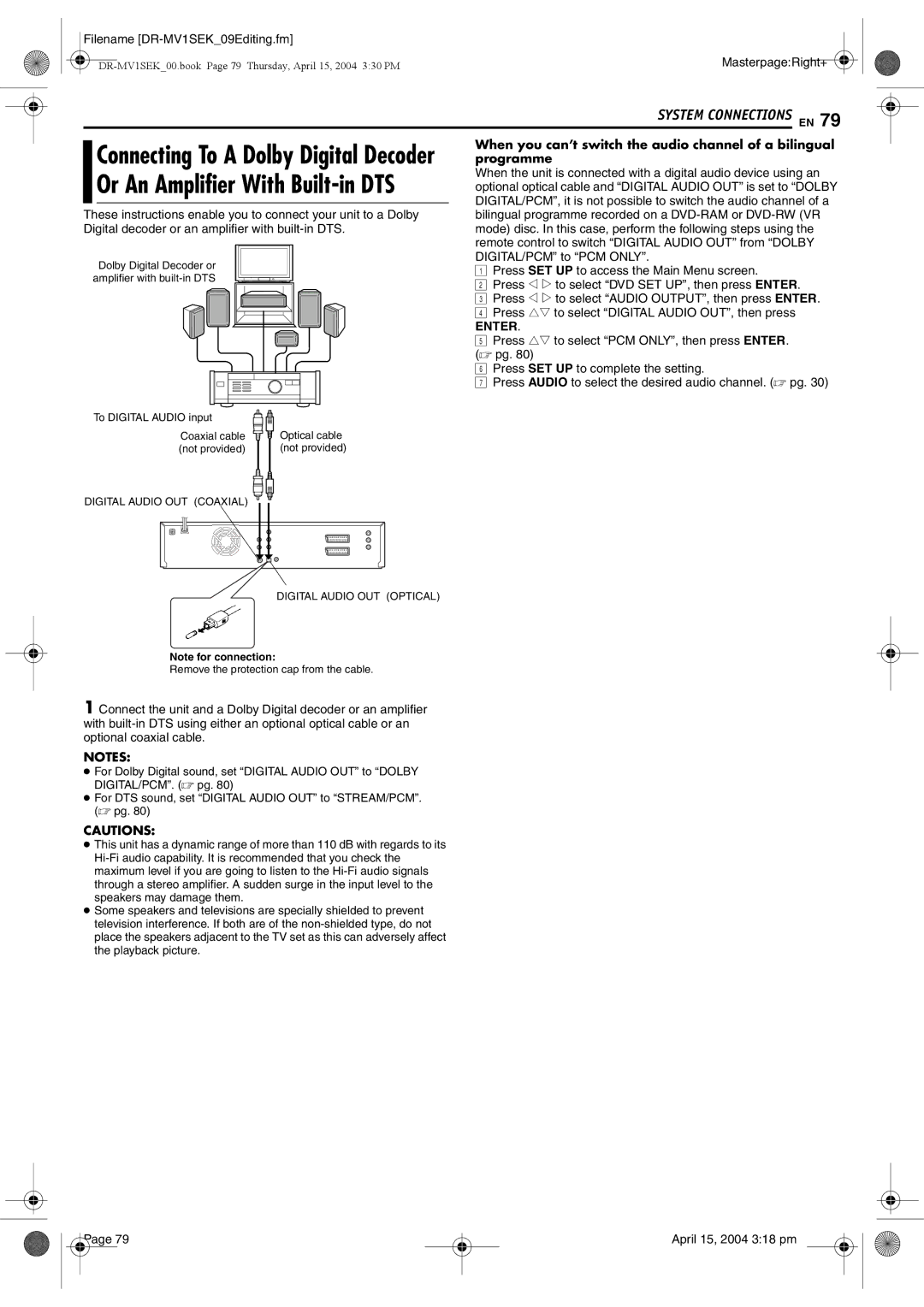 JVC DR-MV1B manual When you can’t switch the audio channel of a bilingual, Programme 