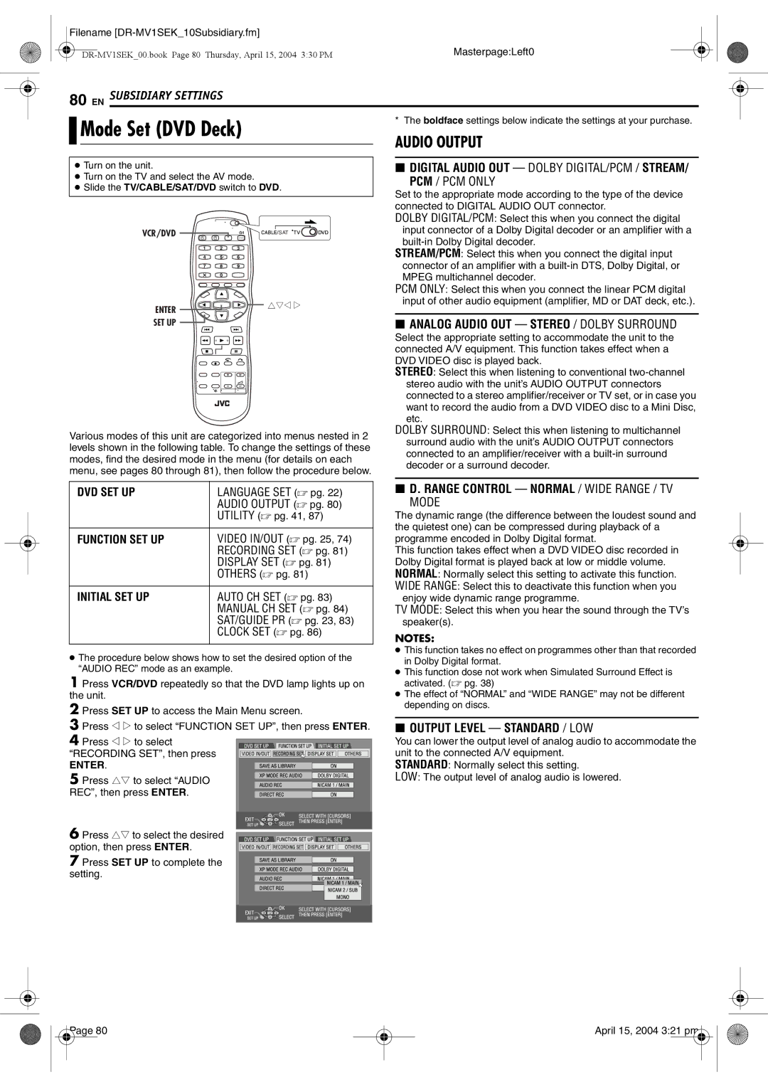 JVC DR-MV1B manual Mode Set DVD Deck, Filename DR-MV1SEK10Subsidiary.fm, Utility  pg, Others  pg 