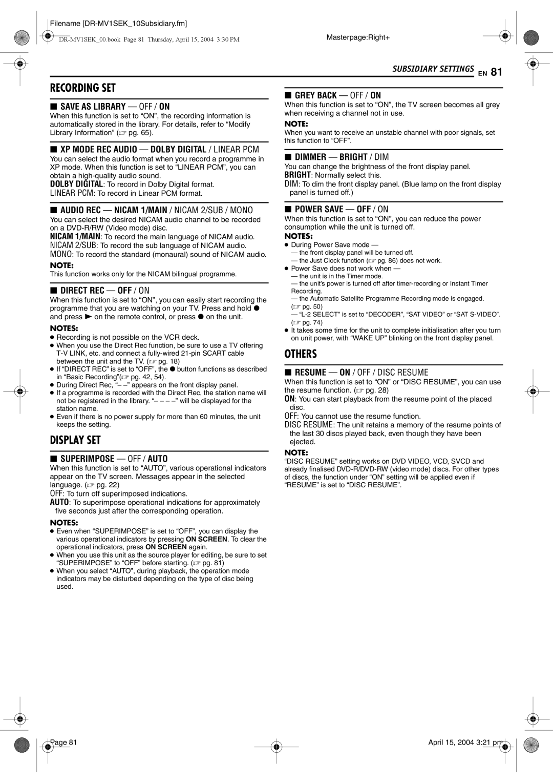 JVC DR-MV1B manual This function works only for the Nicam bilingual programme, During Power Save mode 