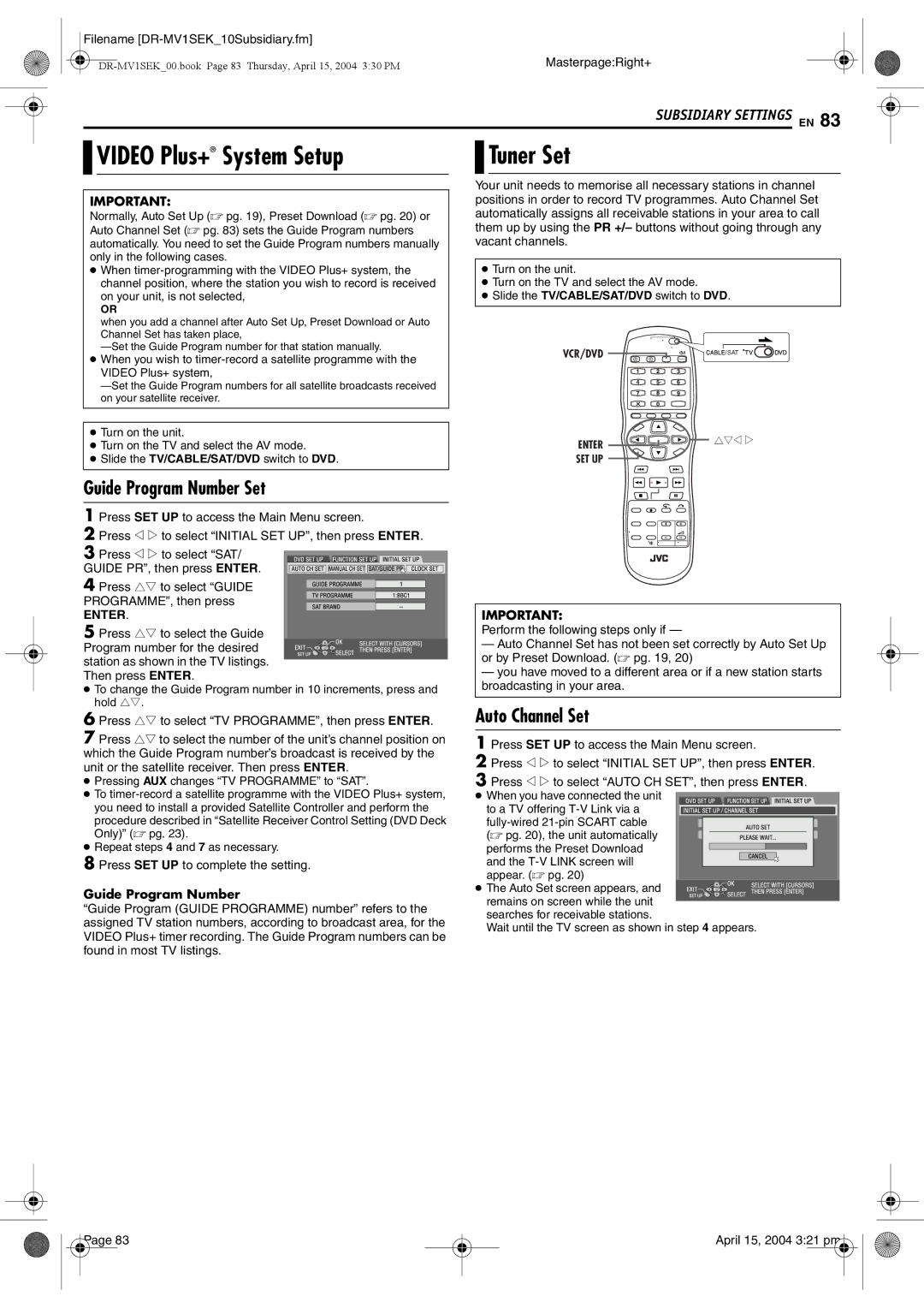 JVC DR-MV1B manual Video Plus+ System Setup, Tuner Set, Guide Program Number Set, Auto Channel Set 