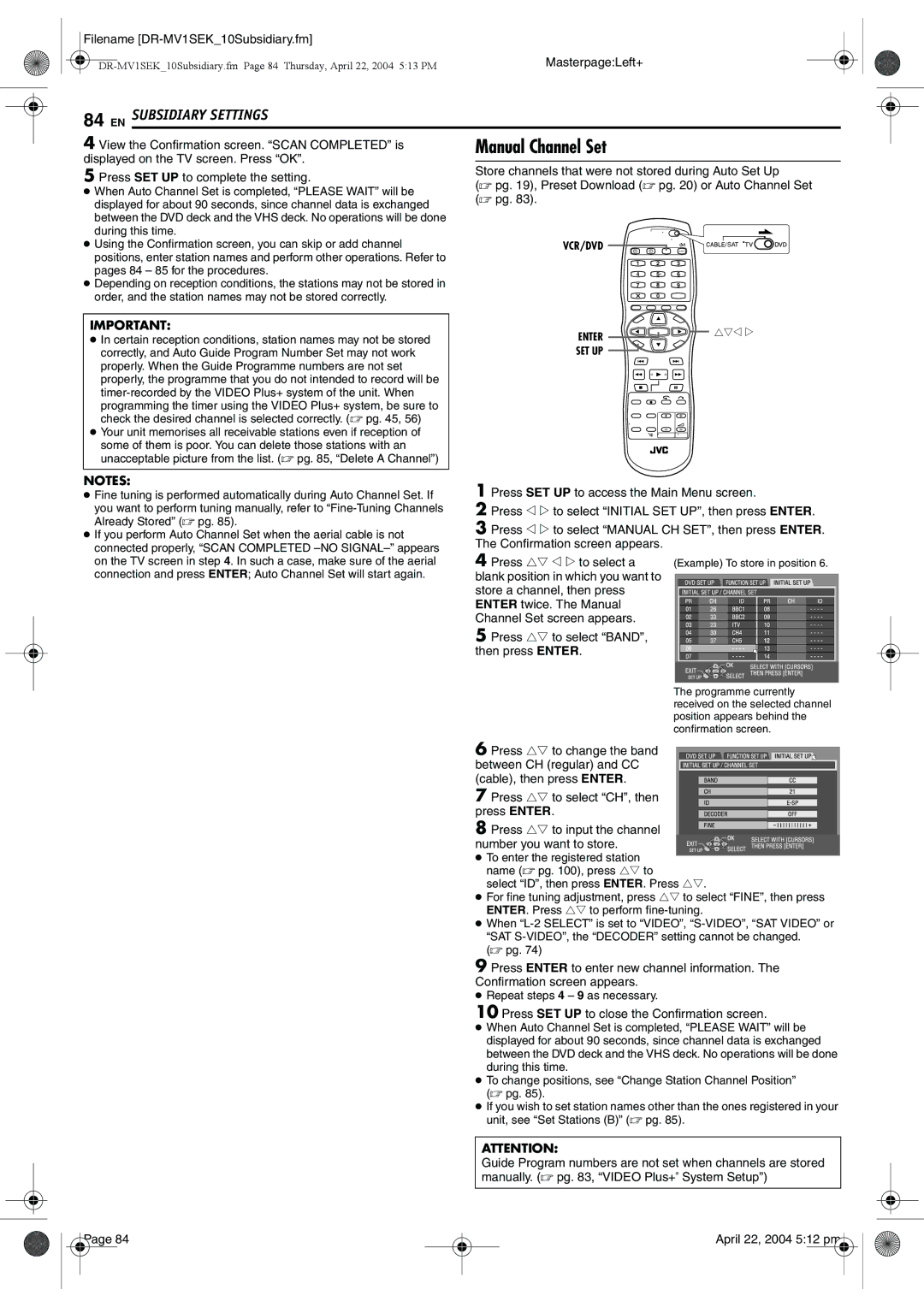 JVC DR-MV1B manual Manual Channel Set, View the Confirmation screen. Scan Completed is, Repeat steps 4 9 as necessary 