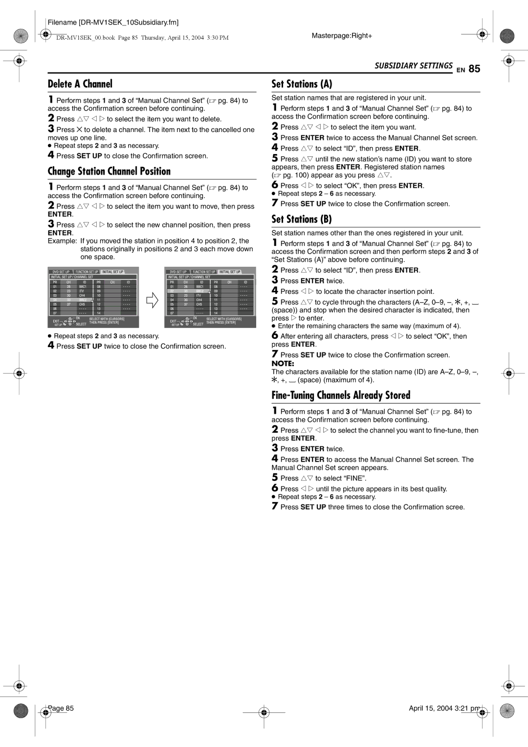 JVC DR-MV1B manual Delete a Channel, Change Station Channel Position, Set Stations a, Set Stations B 