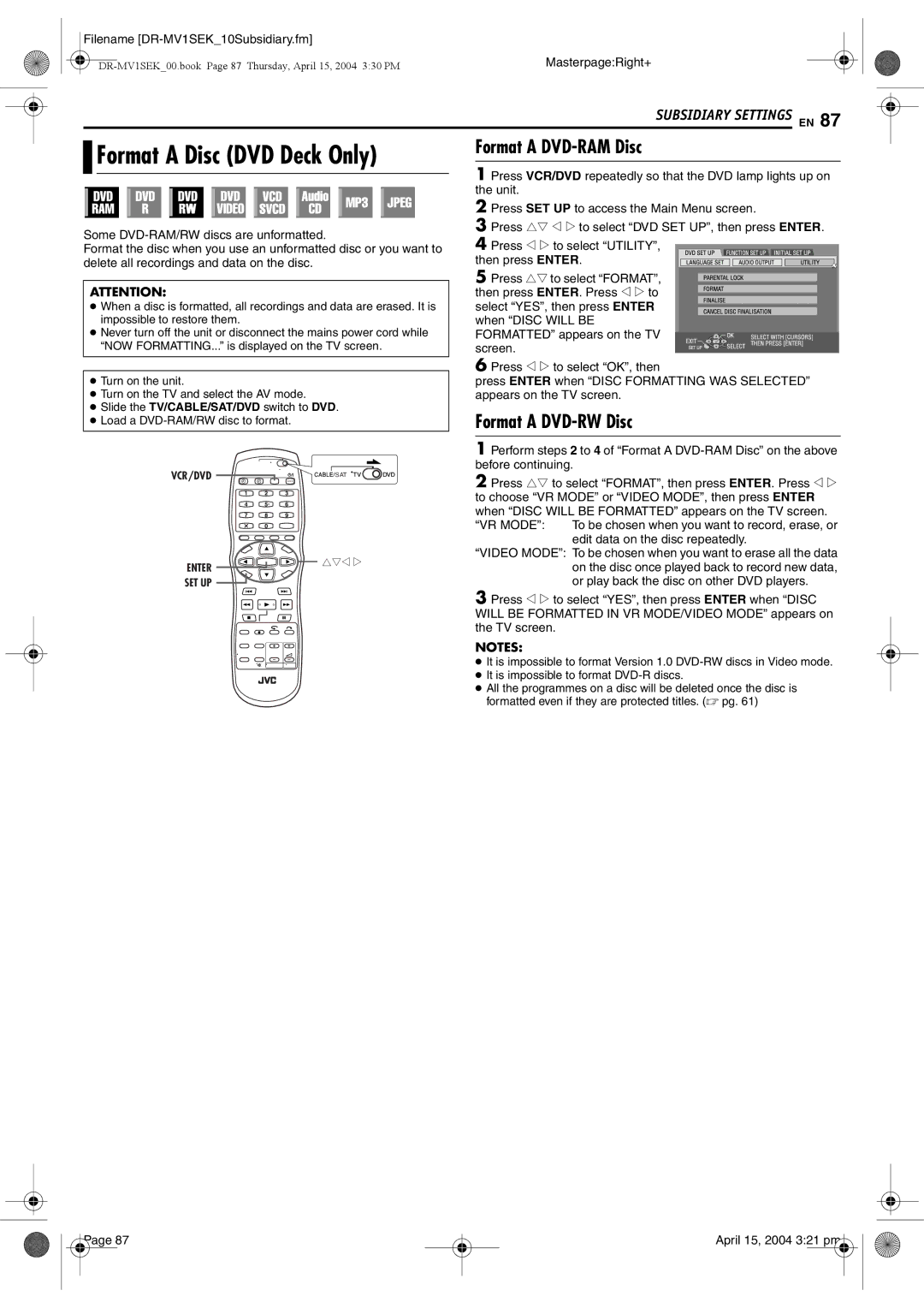 JVC DR-MV1B Format a Disc DVD Deck Only, Format a DVD-RAM Disc, Format a DVD-RW Disc, Edit data on the disc repeatedly 