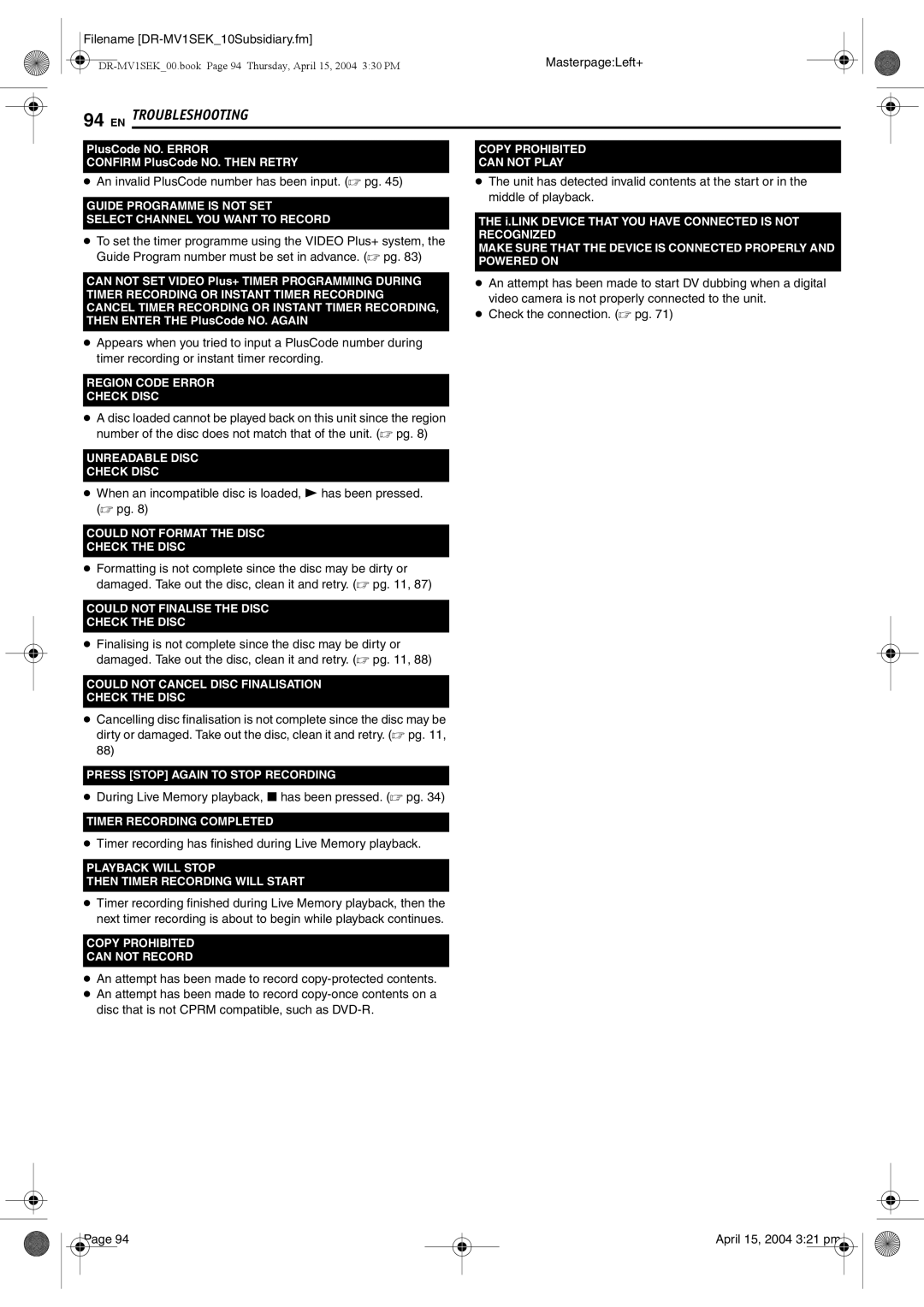 JVC DR-MV1B manual An invalid PlusCode number has been input.  pg, During Live Memory playback, 8 has been pressed.  pg 