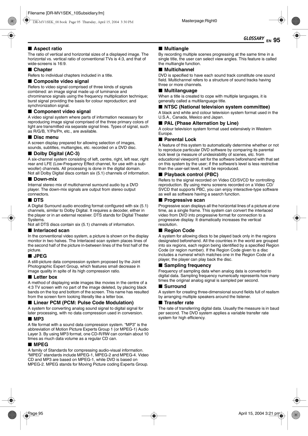 JVC DR-MV1B manual Glossary EN, Refers to individual chapters included in a title 