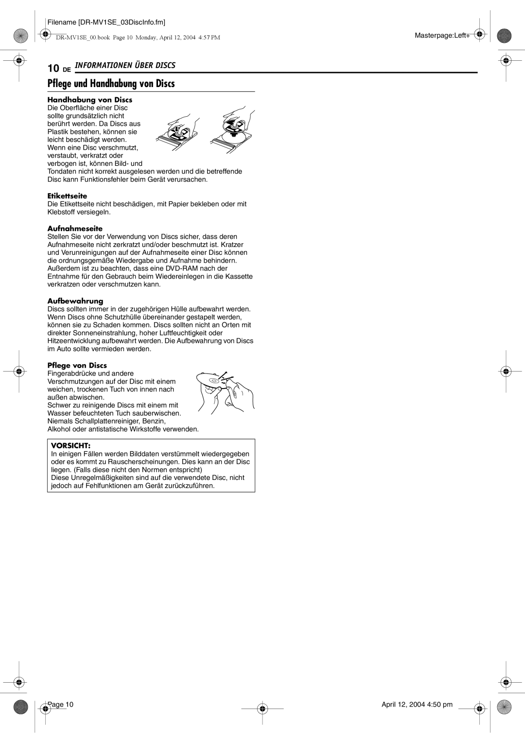 JVC DR-MV1S manual Pflege und Handhabung von Discs 