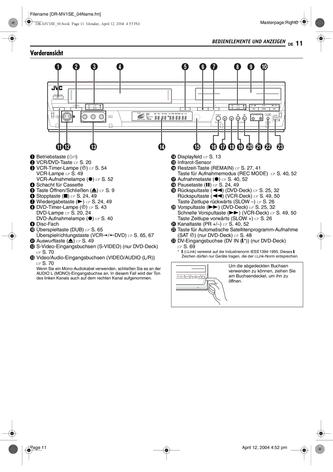 JVC Filename DR-MV1SE04Name.fm, Um die abgedeckten Buchsen, Am Buchsendeckel, um ihn zu, Öffnen, April 12, 2004 452 pm 