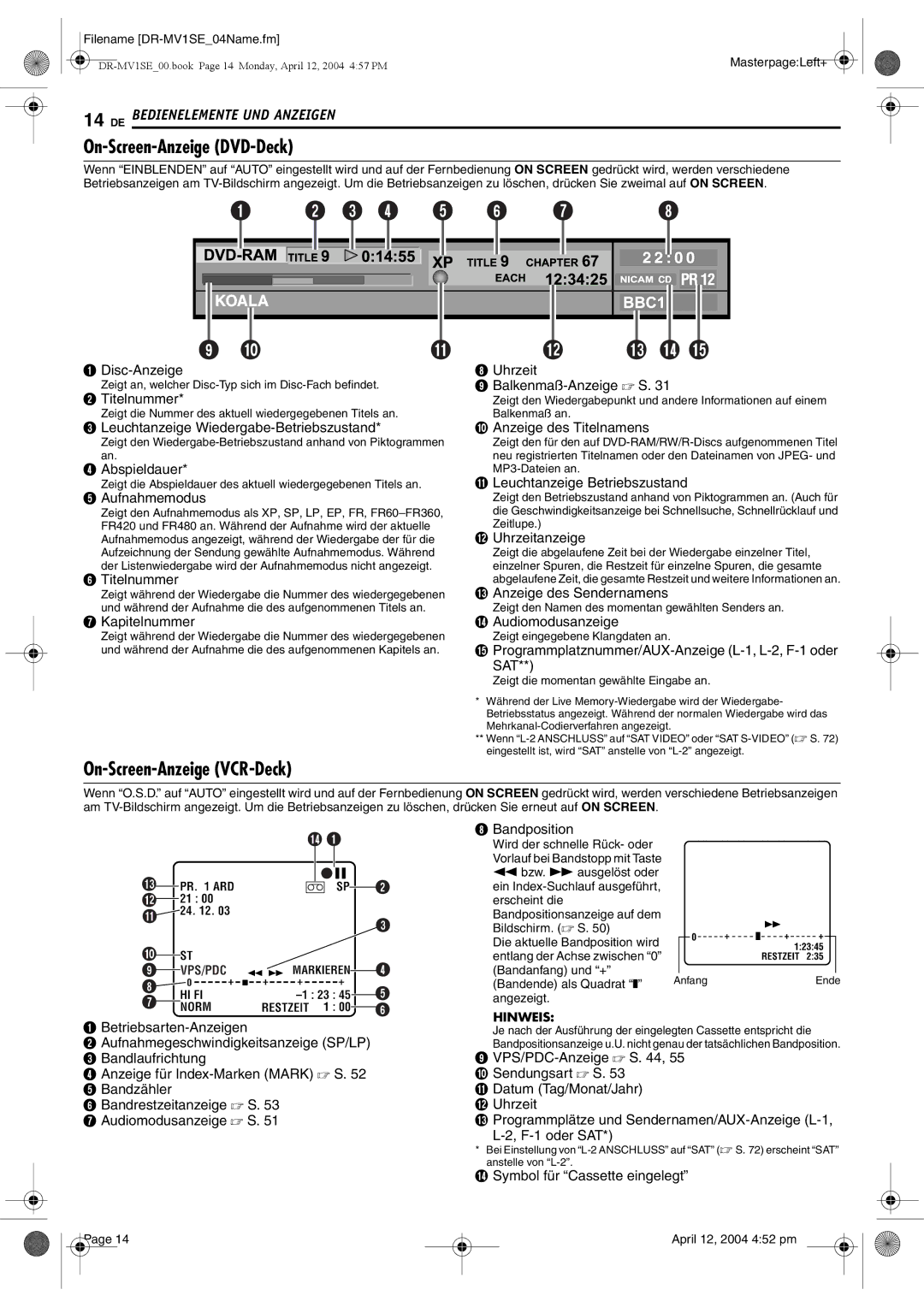 JVC DR-MV1S On-Screen-Anzeige DVD-Deck, On-Screen-Anzeige VCR-Deck, Bandanfang und +, Bandende als Quadrat q, Angezeigt 