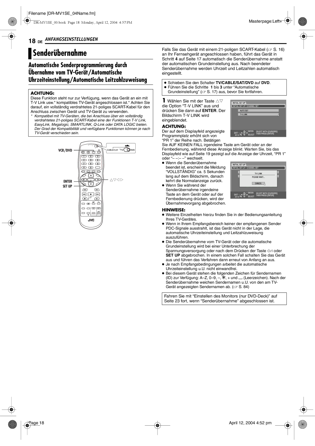 JVC DR-MV1S manual Übernahme vom TV-Gerät/Automatische 