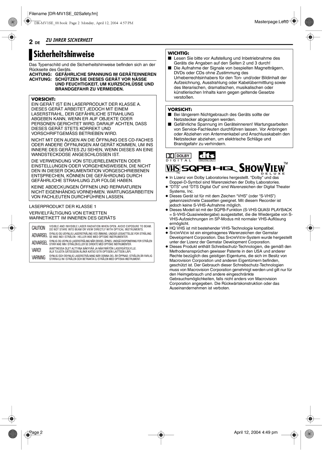 JVC manual Sicherheitshinweise, Filename DR-MV1SE02Safety.fm, April 12, 2004 449 pm, MasterpageLeft0 