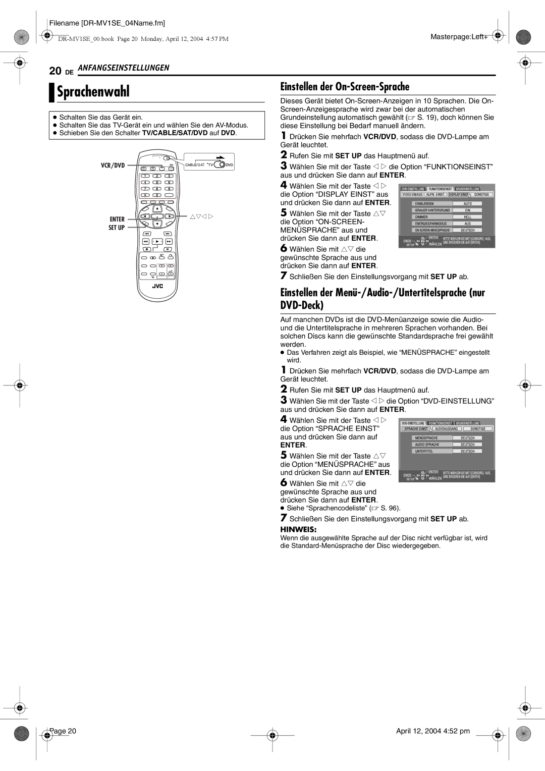 JVC DR-MV1S manual Sprachenwahl, Einstellen der On-Screen-Sprache, Enter, Siehe Sprachencodeliste  S 